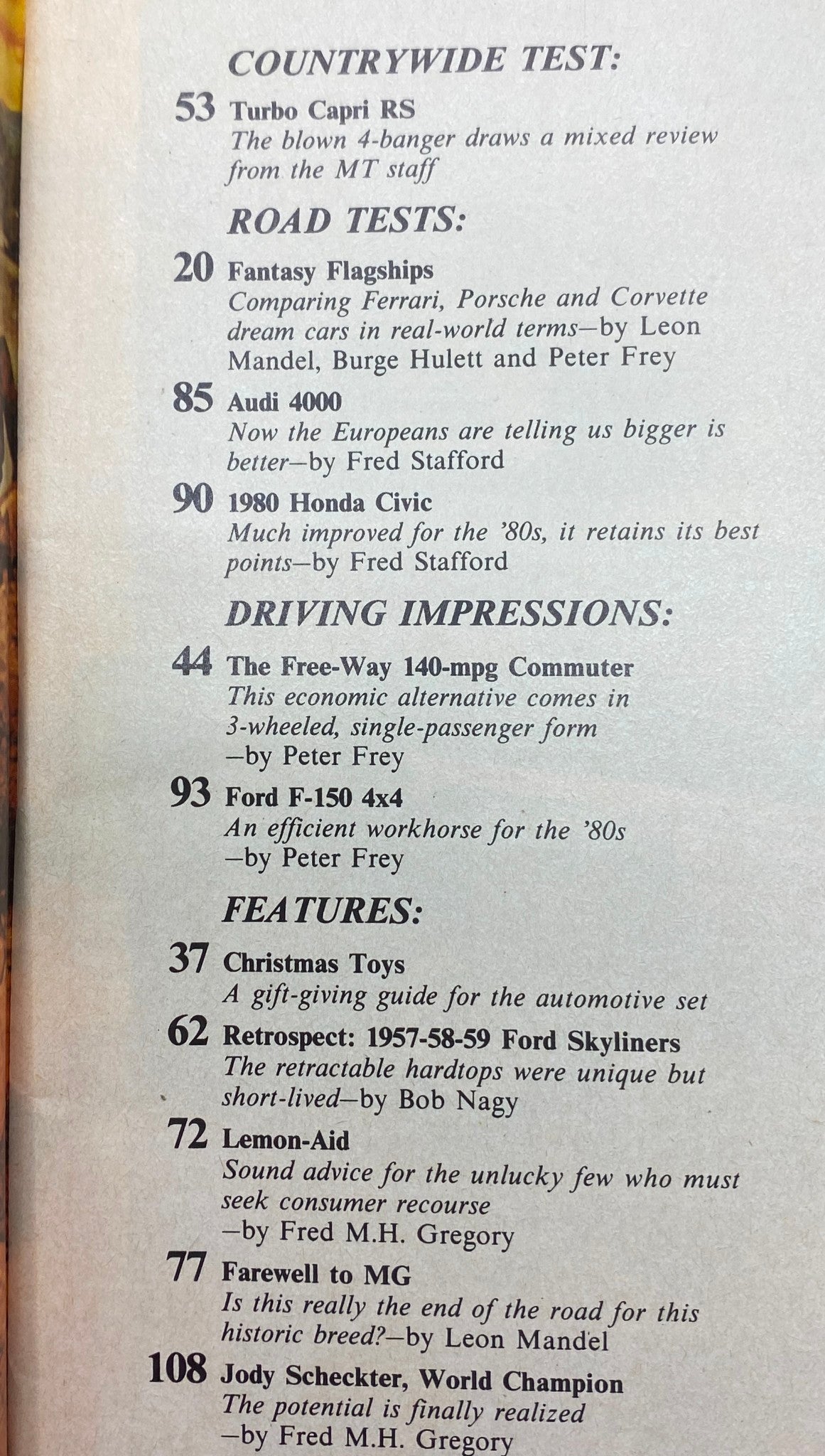 Inside page of VTG Motor Trend Magazine December 1979 displaying the contents, including articles on the 1957-58-59 Ford Skyliners, Turbo Capri, road tests of classic cars, and Christmas toy features for automotive enthusiasts.