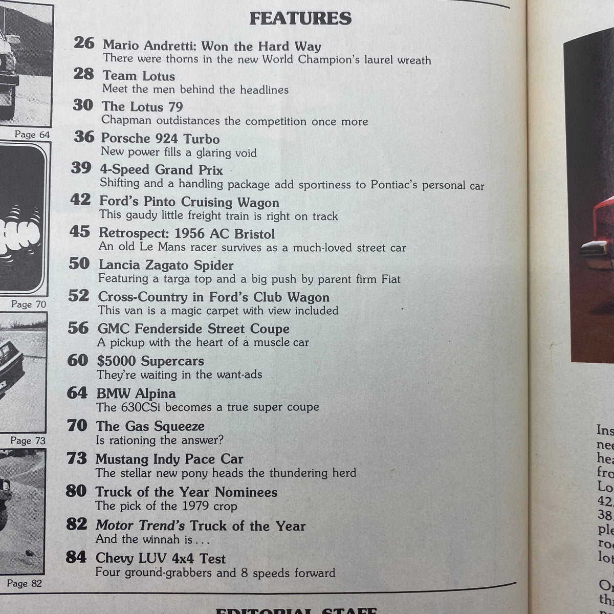 Detailed page from VTG Motor Trend Magazine January 1979 listing features including Mario Andretti, Porsche 924 Turbo, and Ford Pinto Cruising Wagon, highlighting notable automotive articles.