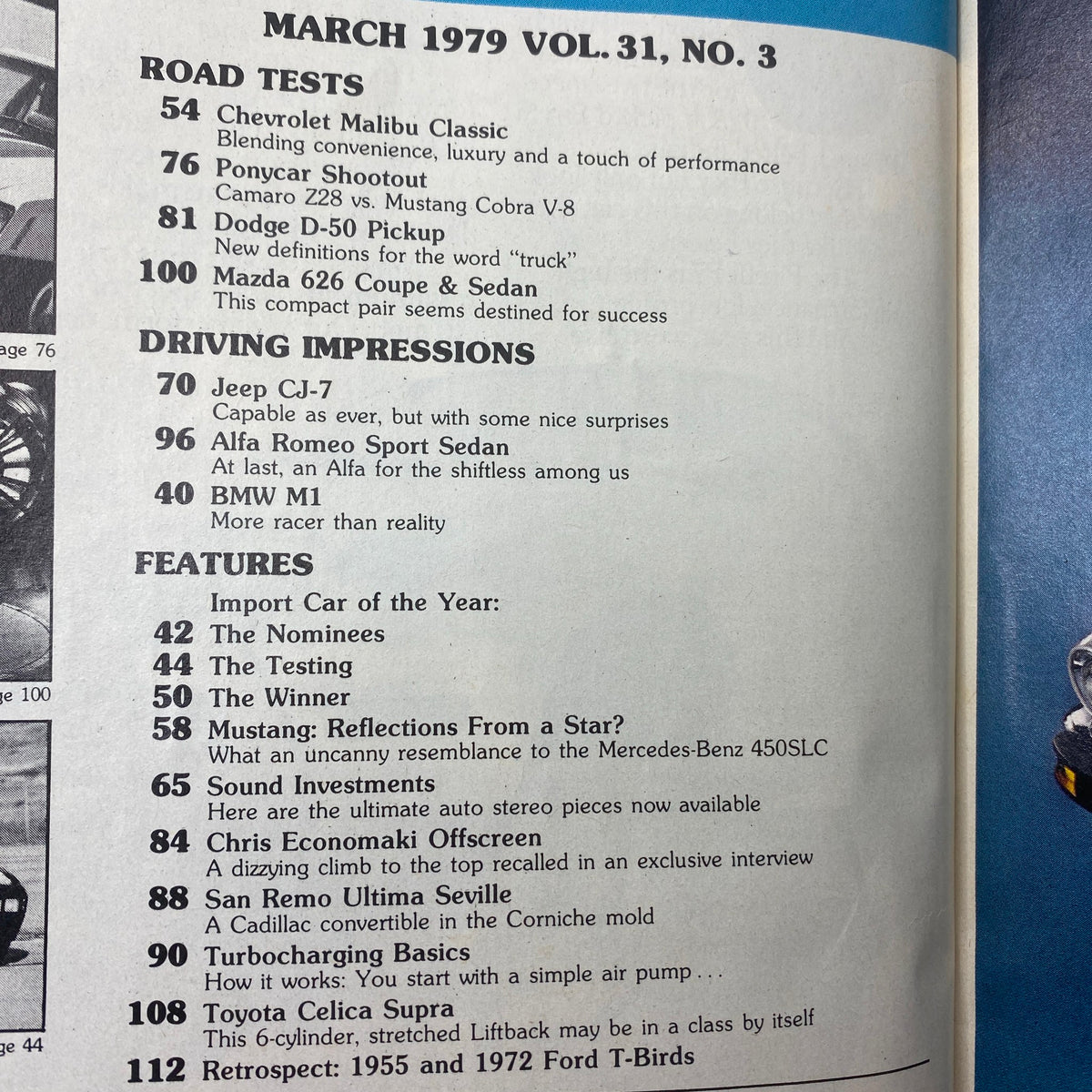 Page from VTG Motor Trend Magazine March 1979, Vol. 31, No. 3 featuring road tests and features including Mustang: Reflections From a Star.