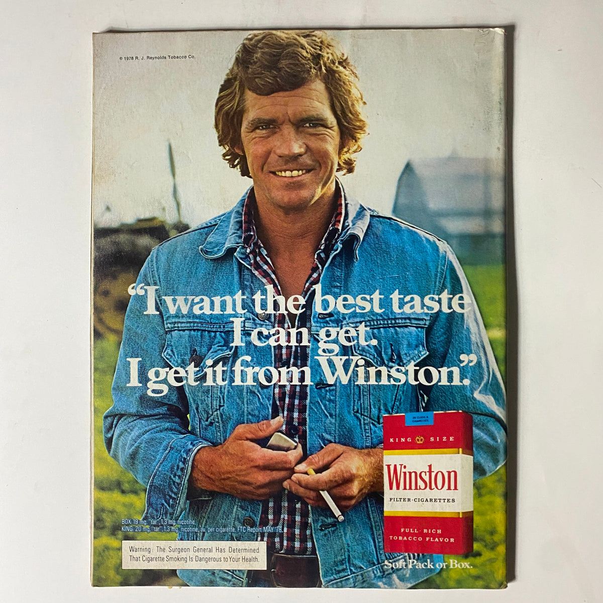 Back cover of VTG Motor Trend Magazine March 1979, showcasing a vintage advertisement with a man in a denim jacket promoting Winston cigarettes.