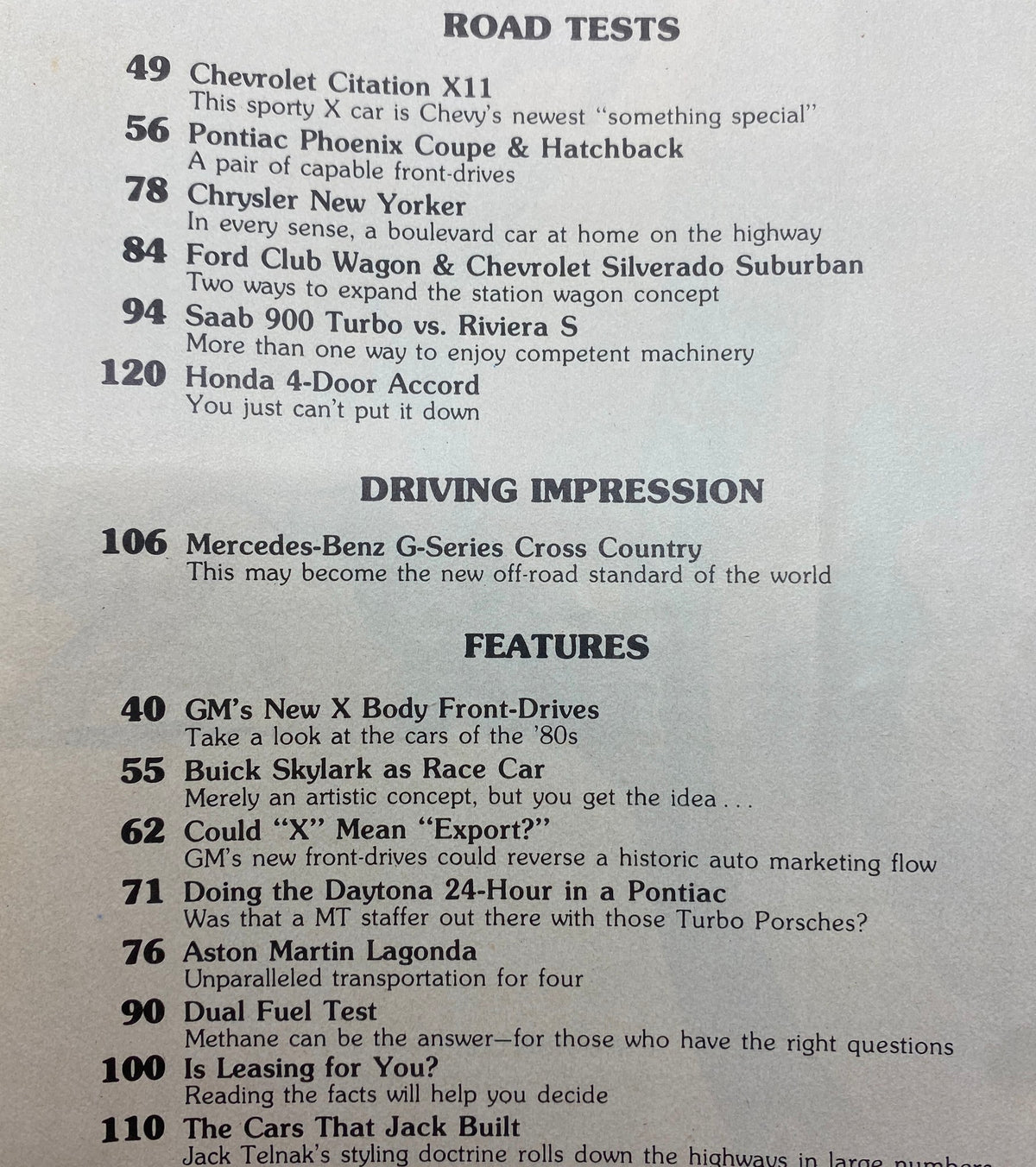 Overview of articles in VTG Motor Trend Magazine May 1979: The Cars That Jack Built, featuring road tests, driving impressions, and features including Chevrolet Citation X11 and Mercedes-Benz G-Series Cross Country.