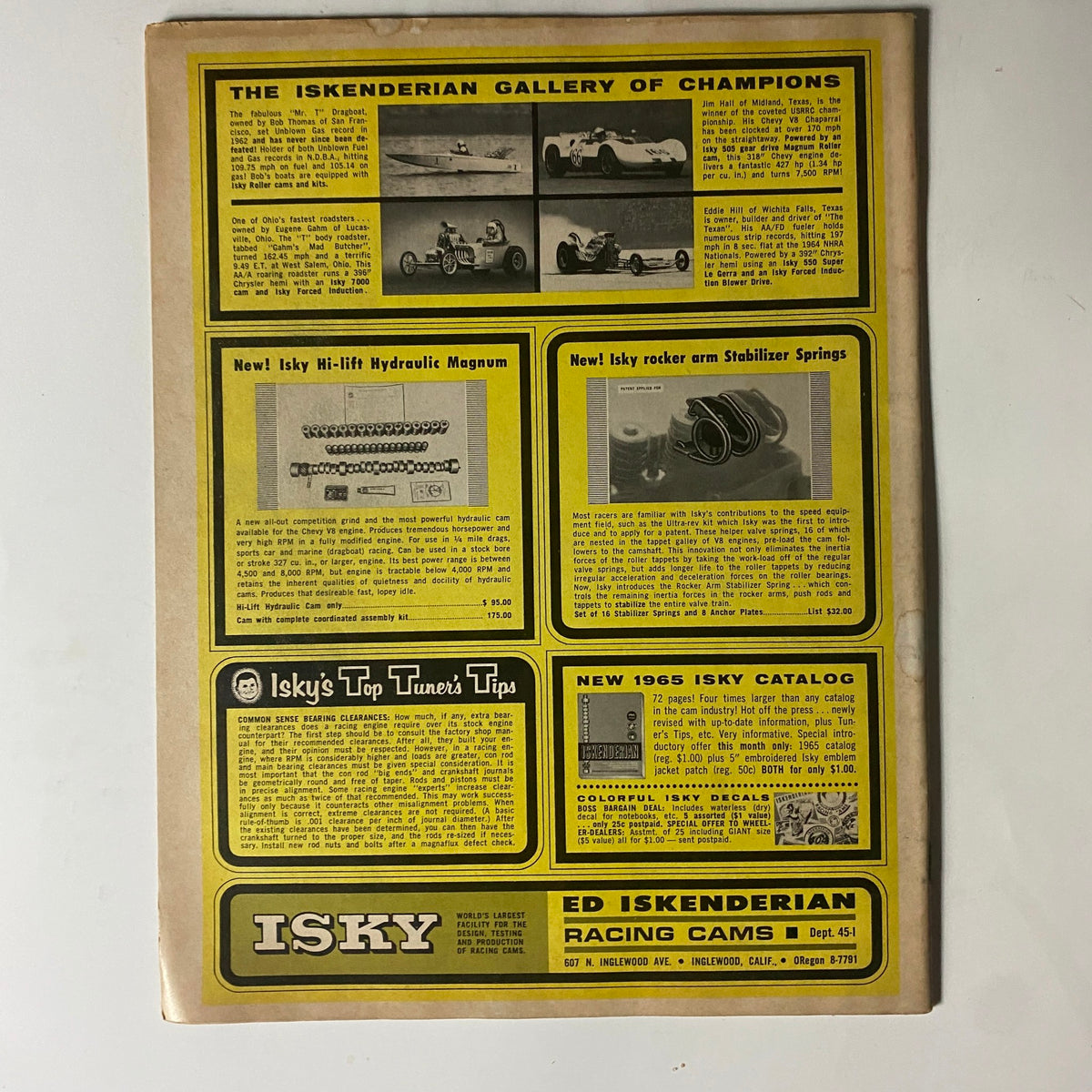 Back cover of VTG HotRod Parts Illustrated Magazine April 1965 showcasing Isky racing products and tips for hot rod enthusiasts.