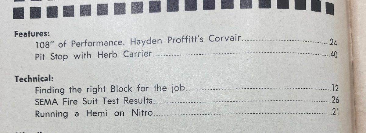Table of contents from VTG HotRod Parts Illustrated Magazine August 1966, listing features such as '108" of Performance' and 'SEMA Fire Suit Test Results.' This page showcases the educational articles and insights found within this vintage automotive magazine.