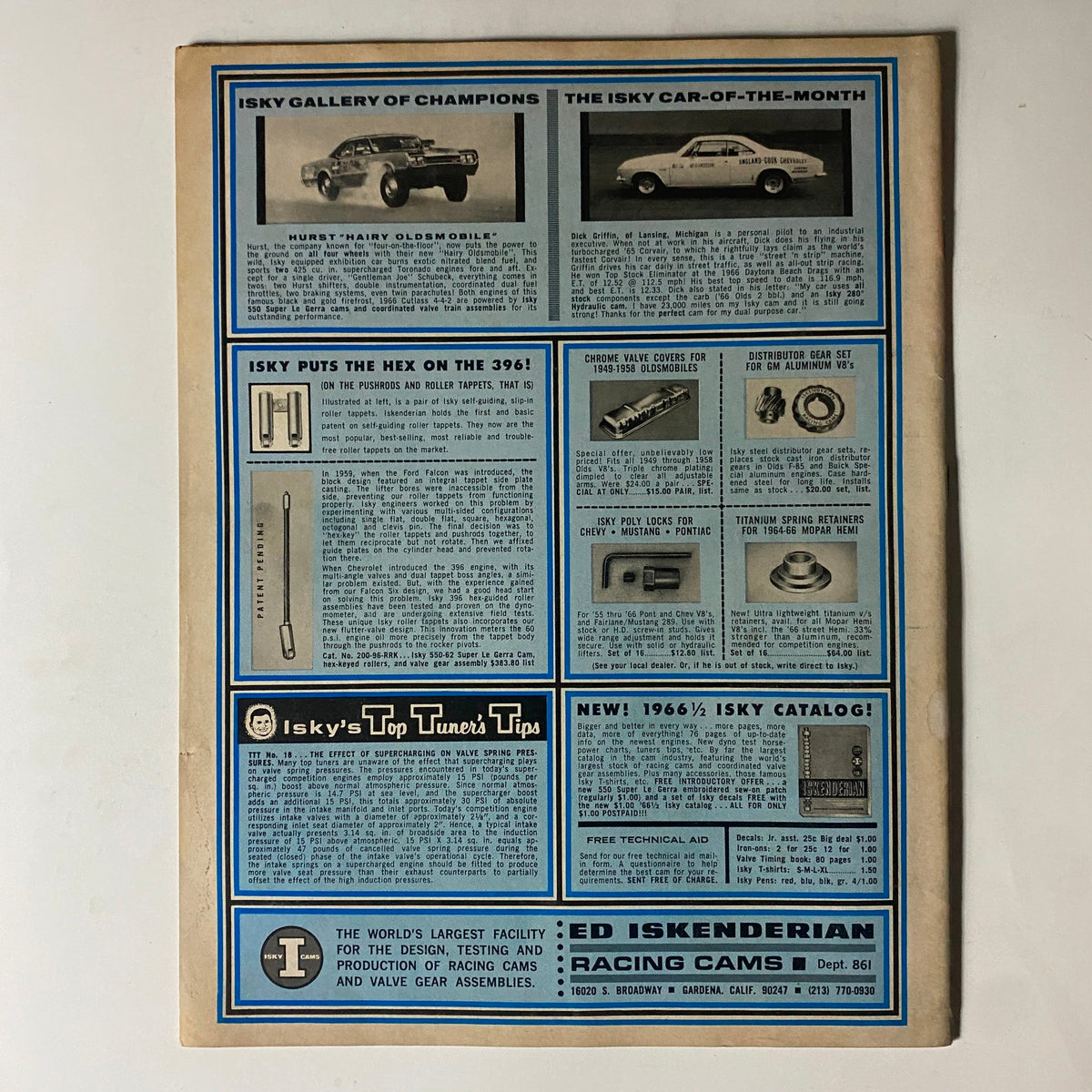 Back cover of VTG HotRod Parts Illustrated Magazine August 1966 featuring advertisements for racing components and tips from Isky, emphasizing its focus on performance parts and automotive innovation during the 1960s.