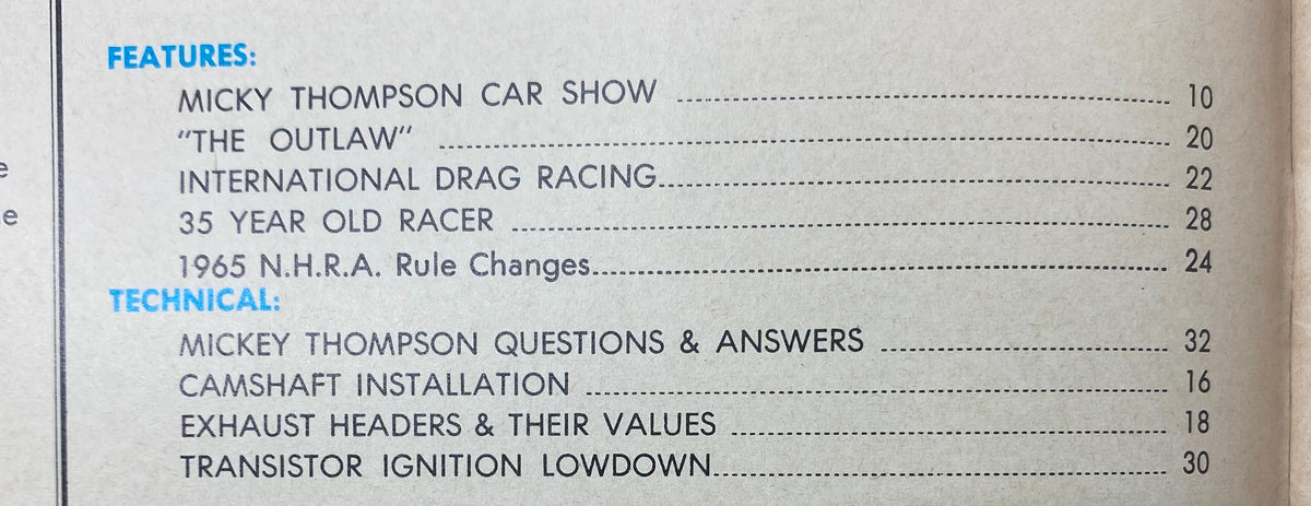 Table of Contents from the VTG HotRod Parts Illustrated Magazine March 1965, featuring topics like Micky Thompson Car Show and 1965 N.H.R.A. Rule Changes.