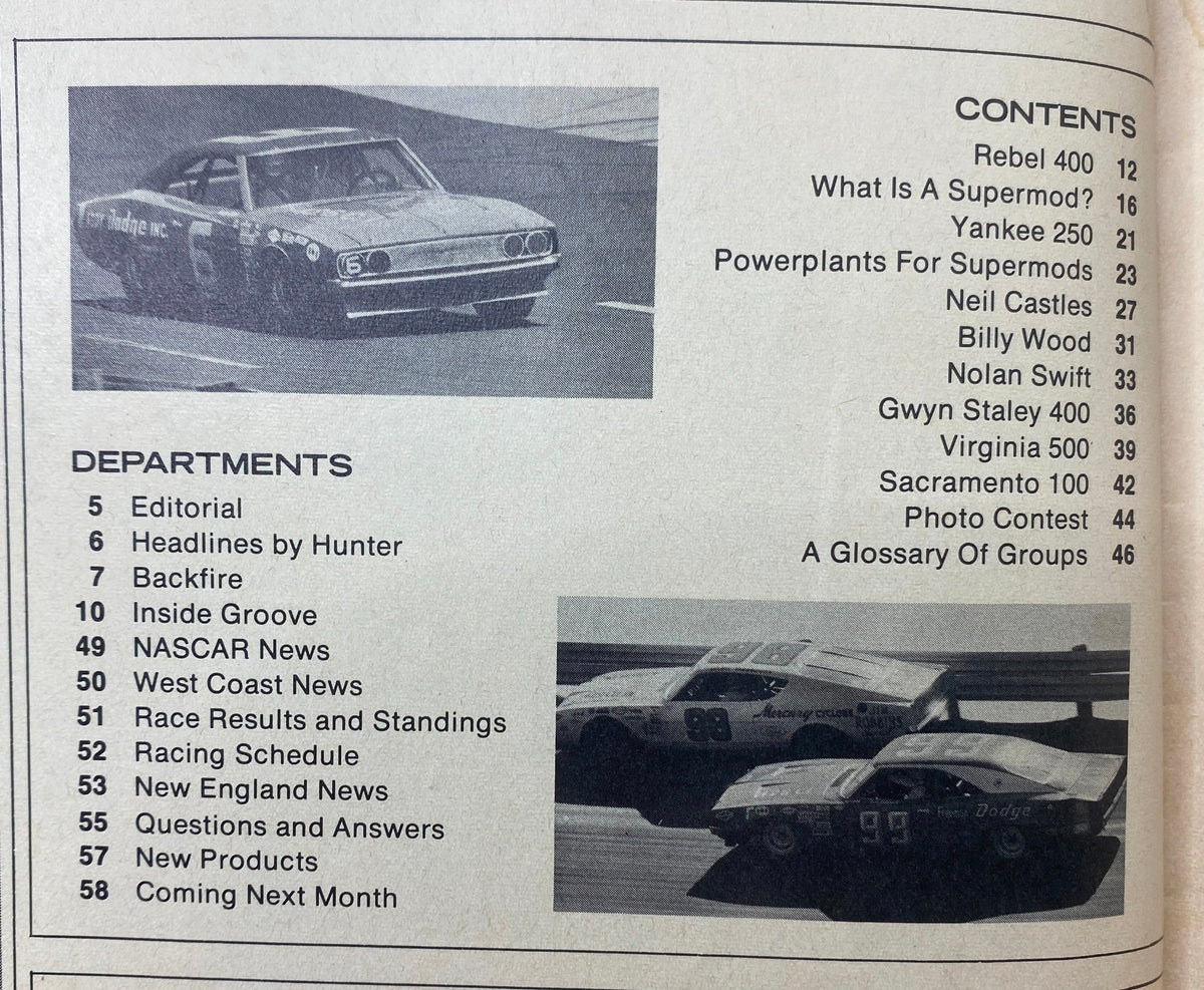 Contents page of VTG Stock Car Racing Magazine July 1969, listing articles about Neil Castles and Nolan Swift among notable race events.