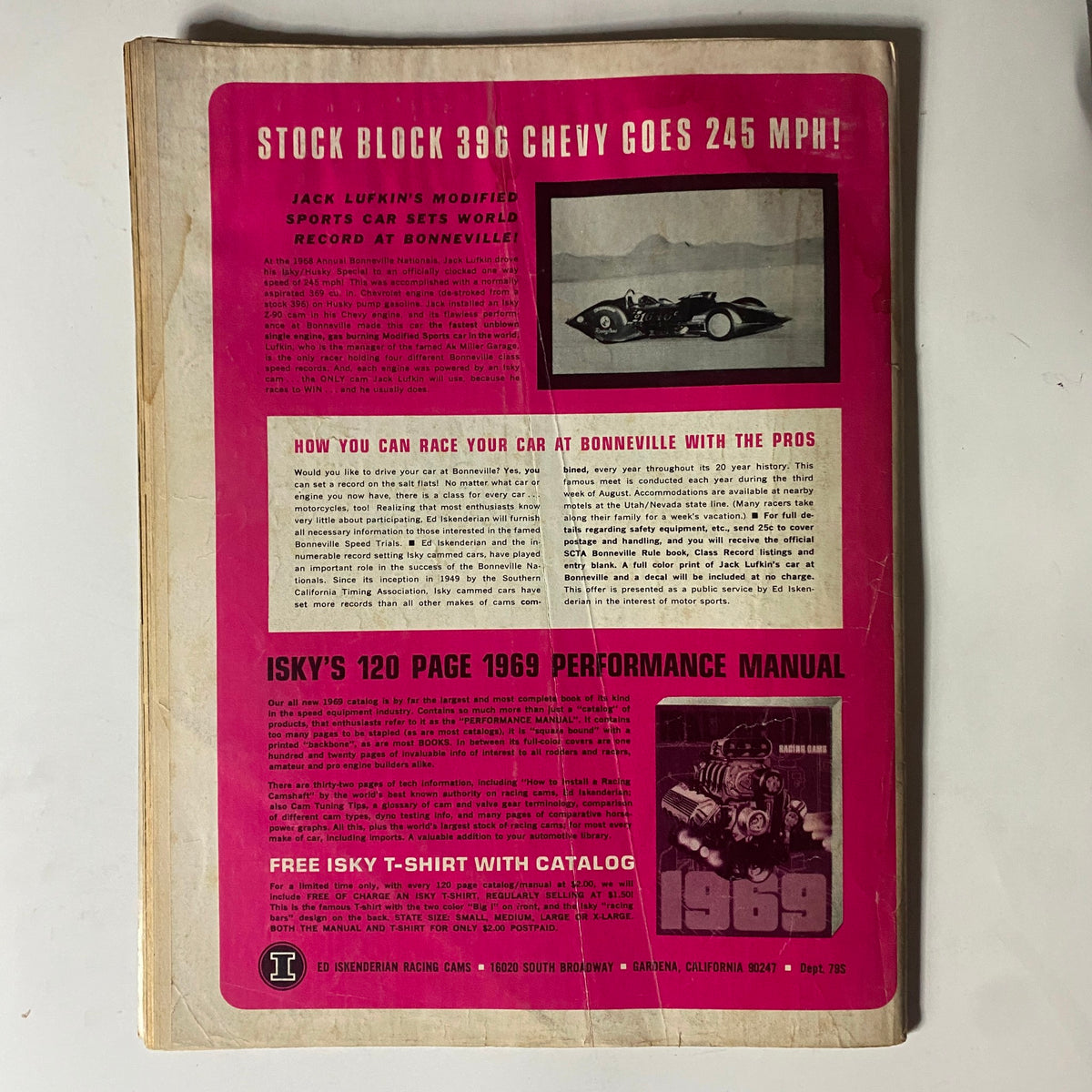 Back cover of VTG Stock Car Racing Magazine July 1969, showcasing promotional content related to the Bonneville races and Isky's performance manual.