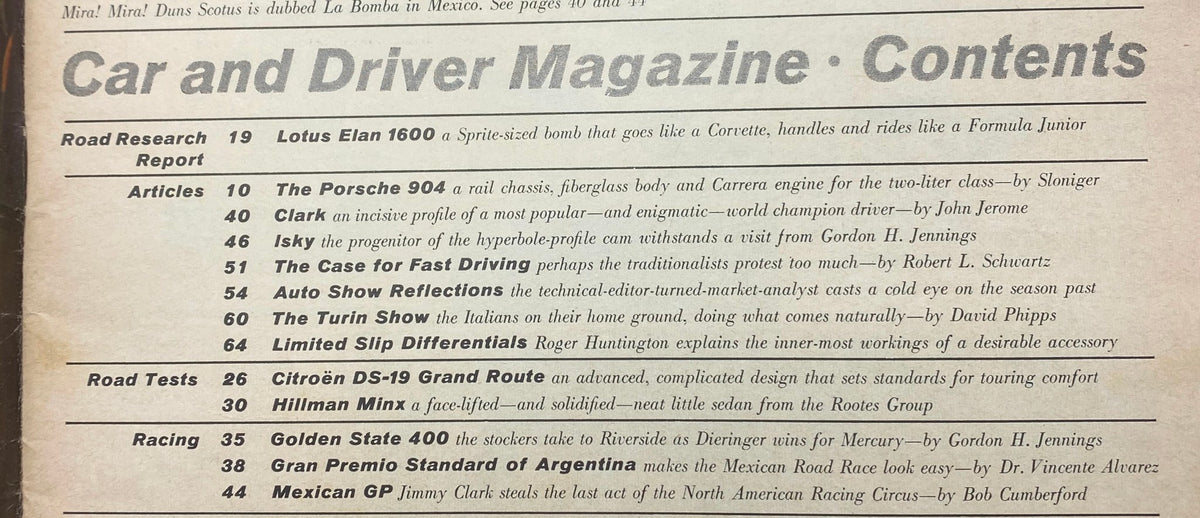 Contents page of Car and Driver Magazine February 1964 detailing articles including the Lotus Elan 1600 report, road tests, and profiles of notable automotive figures.