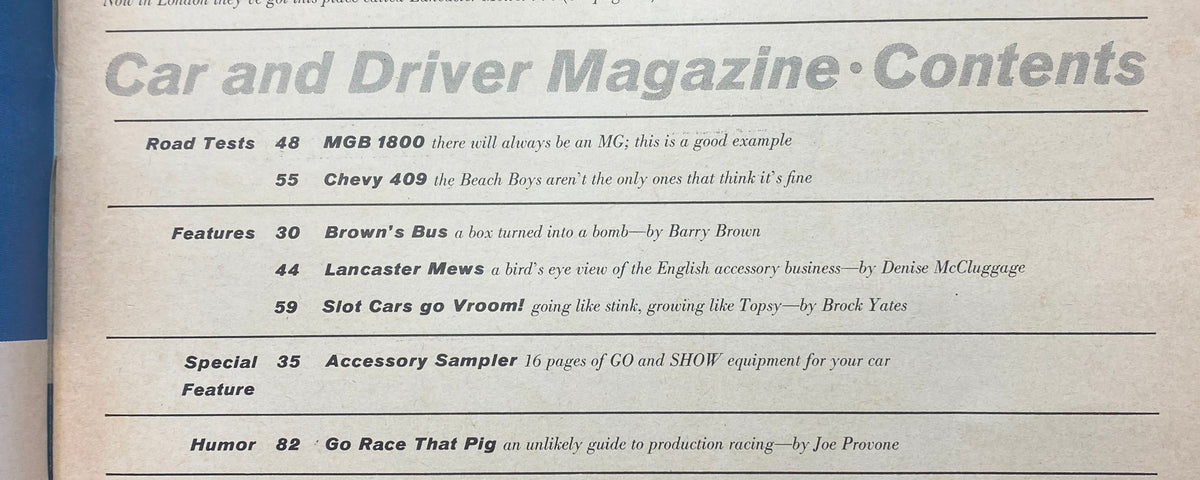 Table of contents from the December 1964 issue of Car and Driver Magazine, highlighting features such as road tests of the MGB 1800 and Chevy 409, along with articles on automotive accessories.