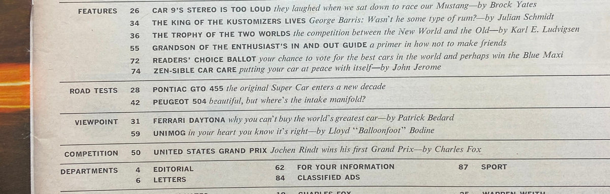 Table of contents from the January 1970 Car and Driver Magazine, highlighting articles about Pontiac GTO 455, Ferrari Daytona and car care tips.
