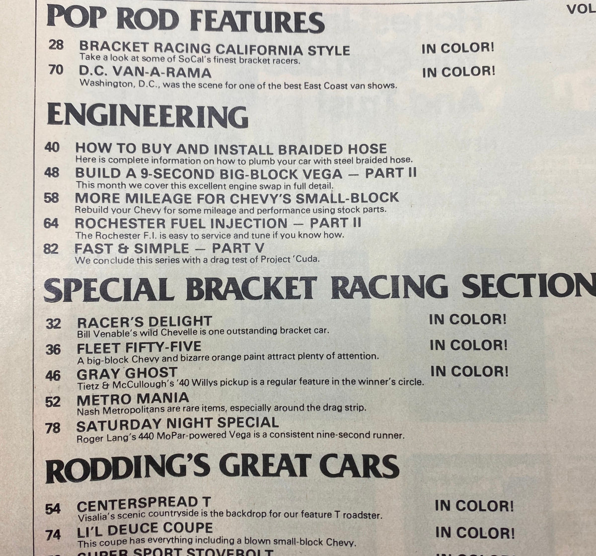 Table of contents from Popular Hot Rodding Magazine March 1977, highlighting featured articles on bracket racing, engineering, and special vehicles including Project Cuda.