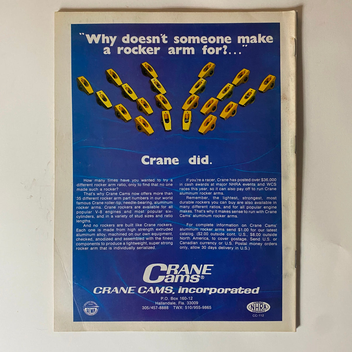 Advertisement for Crane Cams featured in Popular Hot Rodding Magazine July 1978, showcasing different rocker arms for performance enhancement.