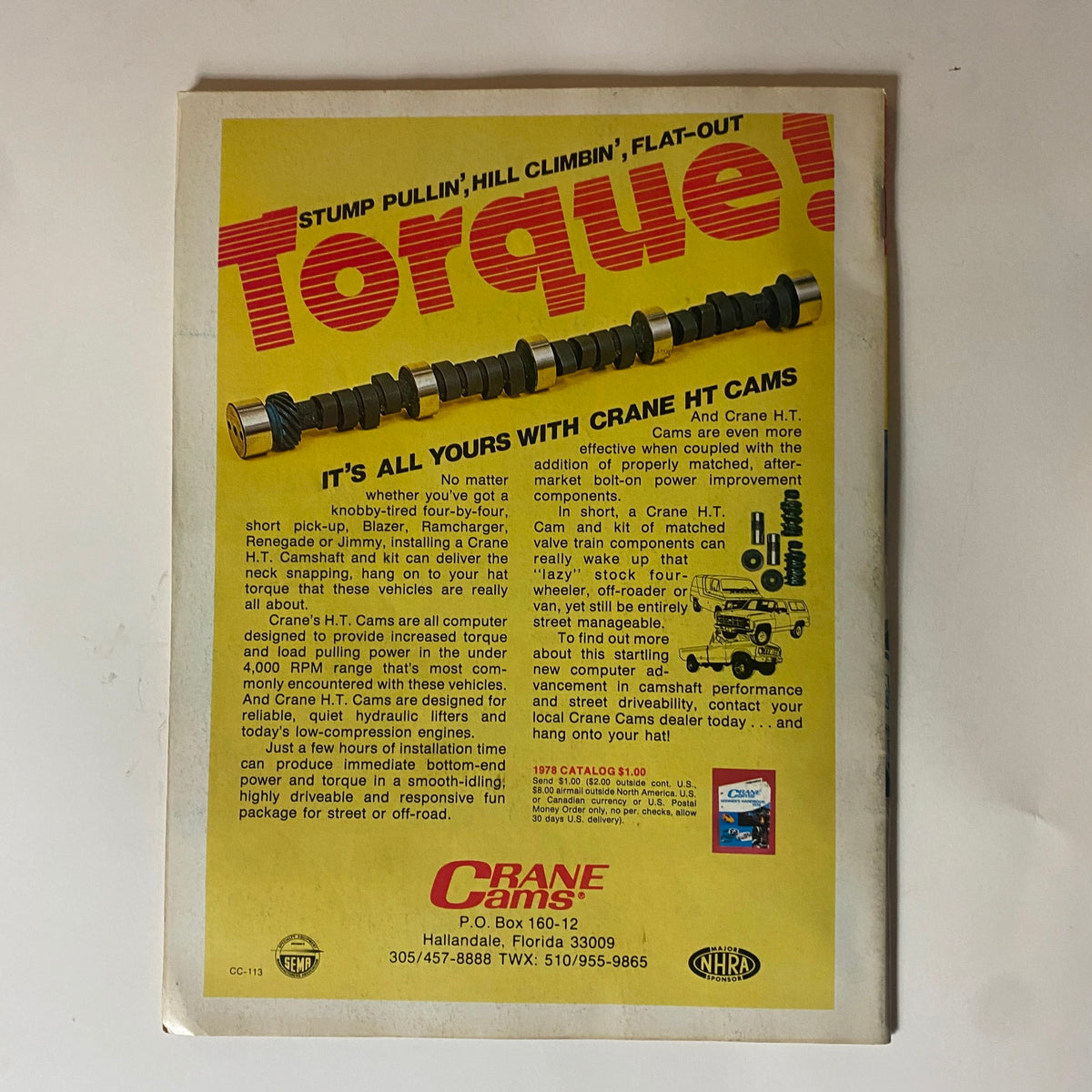 Back cover of Popular Hot Rodding Magazine August 1978, advertising Crane HT Cams for enhanced vehicle performance and detailing engine specifications.