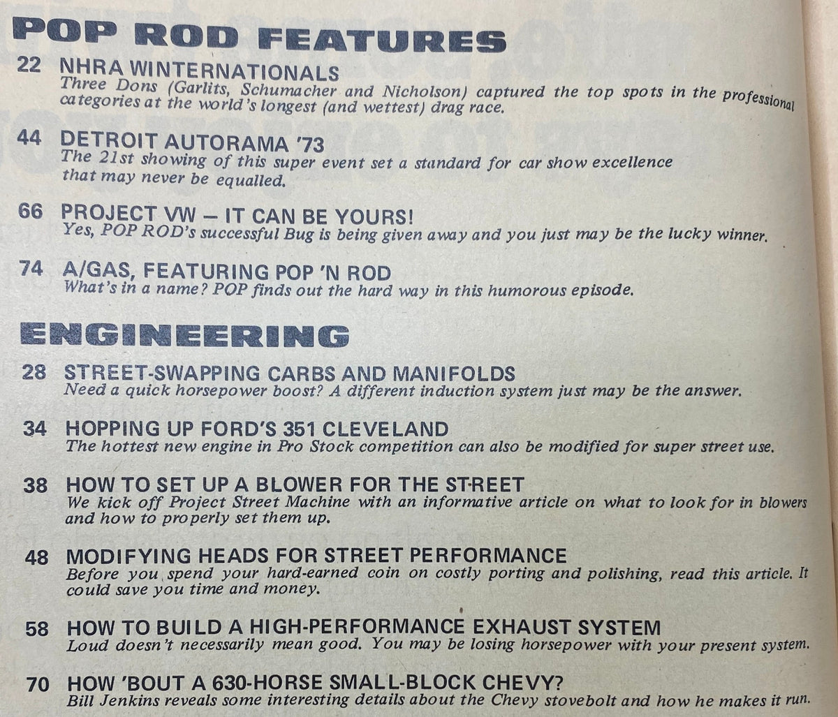 Table of contents page from Popular Hot Rodding Magazine May 1973 highlighting features like NHRA Winternationals and engineering tips for street performance.