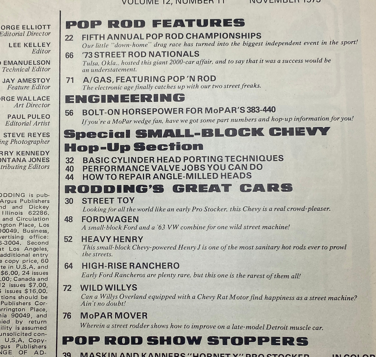 Popular Hot Rodding Magazine November 1973 Ford, MoPar Street Machines No Label