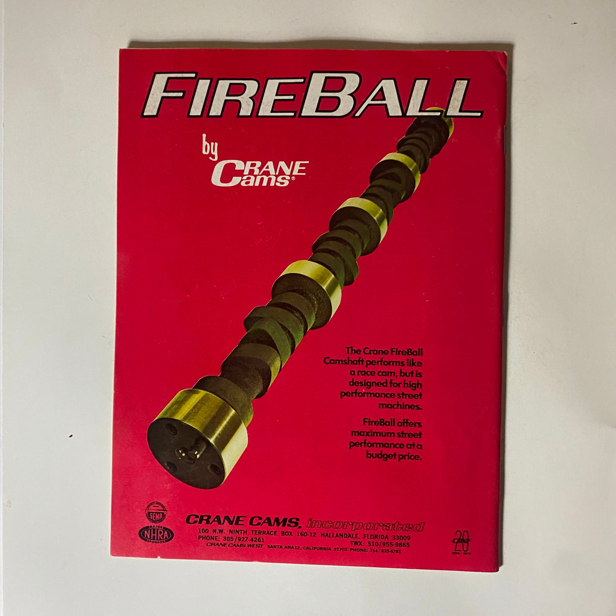 Advertisement for FireBall camshafts by Crane Cams featured in Popular Hot Rodding Magazine January 1974 highlighting performance for street machines.