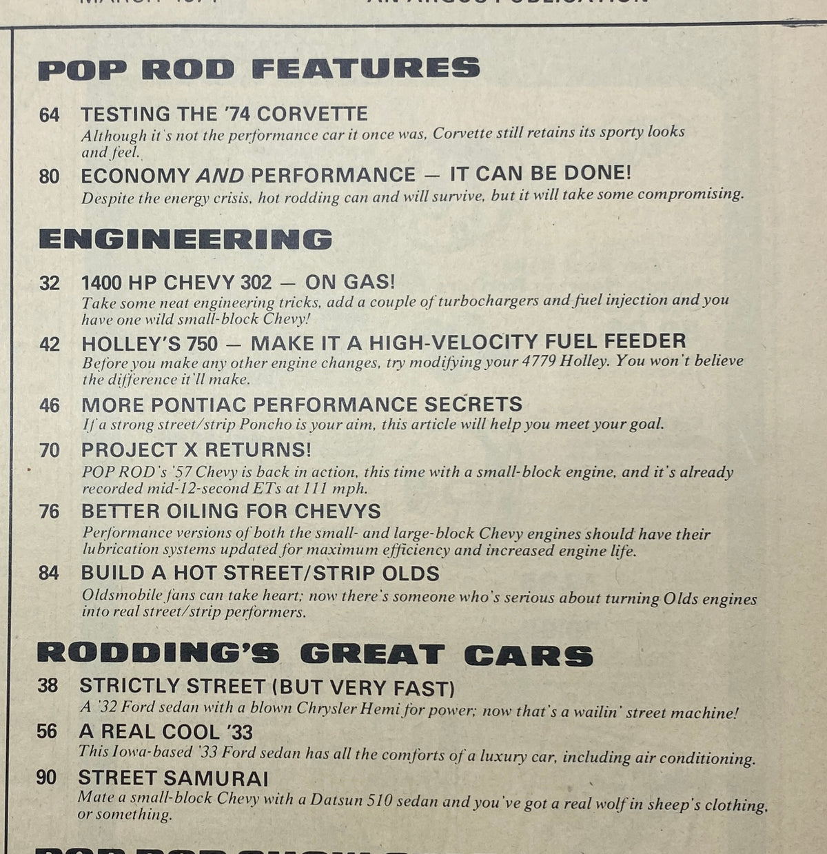 Popular Hot Rodding Magazine March 1974 Chevy-Powered Datsun 510 No Label VG