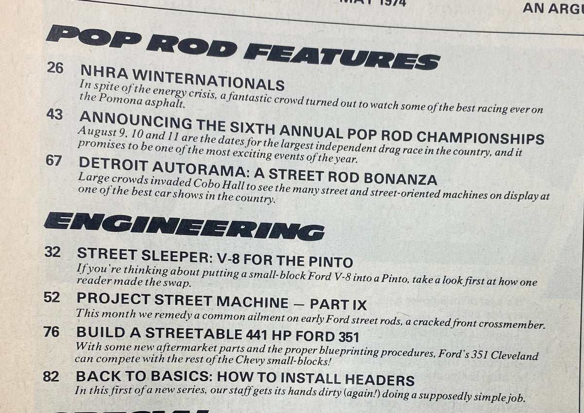 Highlight section of Popular Hot Rodding magazine May 1974 listing features such as NHRA Winternationals and installation guide for headers related to vintage car modifications.