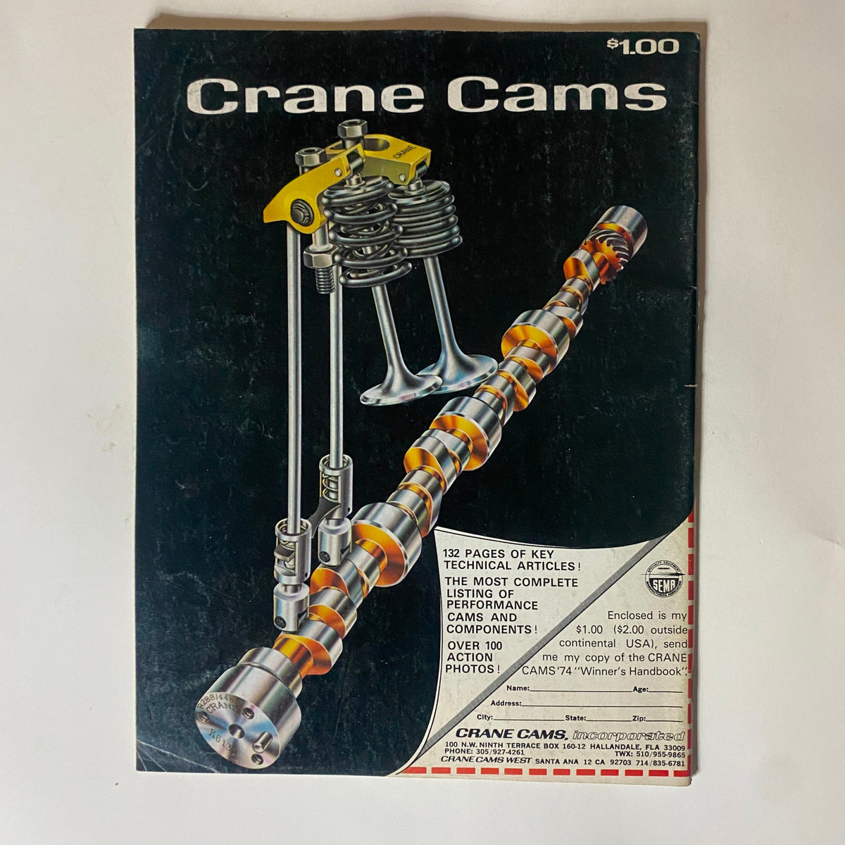 Promotional image from Crane Cams showing technical details and parts relevant to automotive performance, featured in Popular Hot Rodding magazine May 1974.