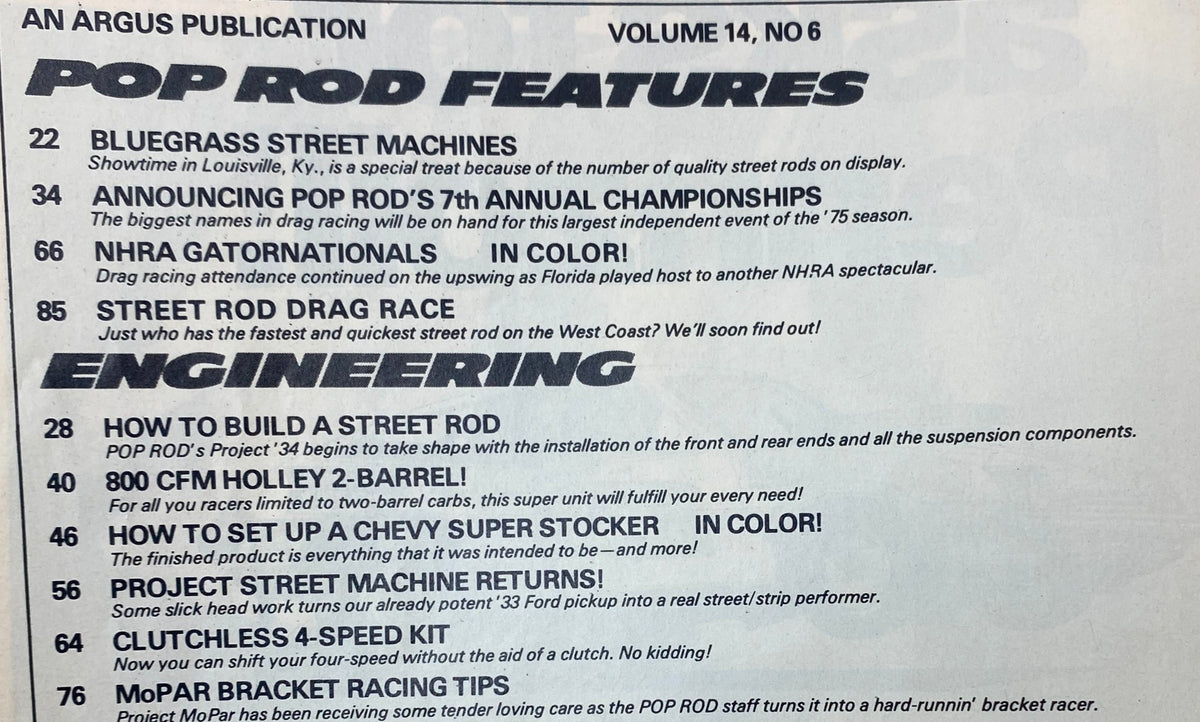 Table of contents from Popular Hot Rodding Magazine June 1975, featuring MoPar Bracket Racing Tips, NHRA Gatornationals, and articles on building street rods.