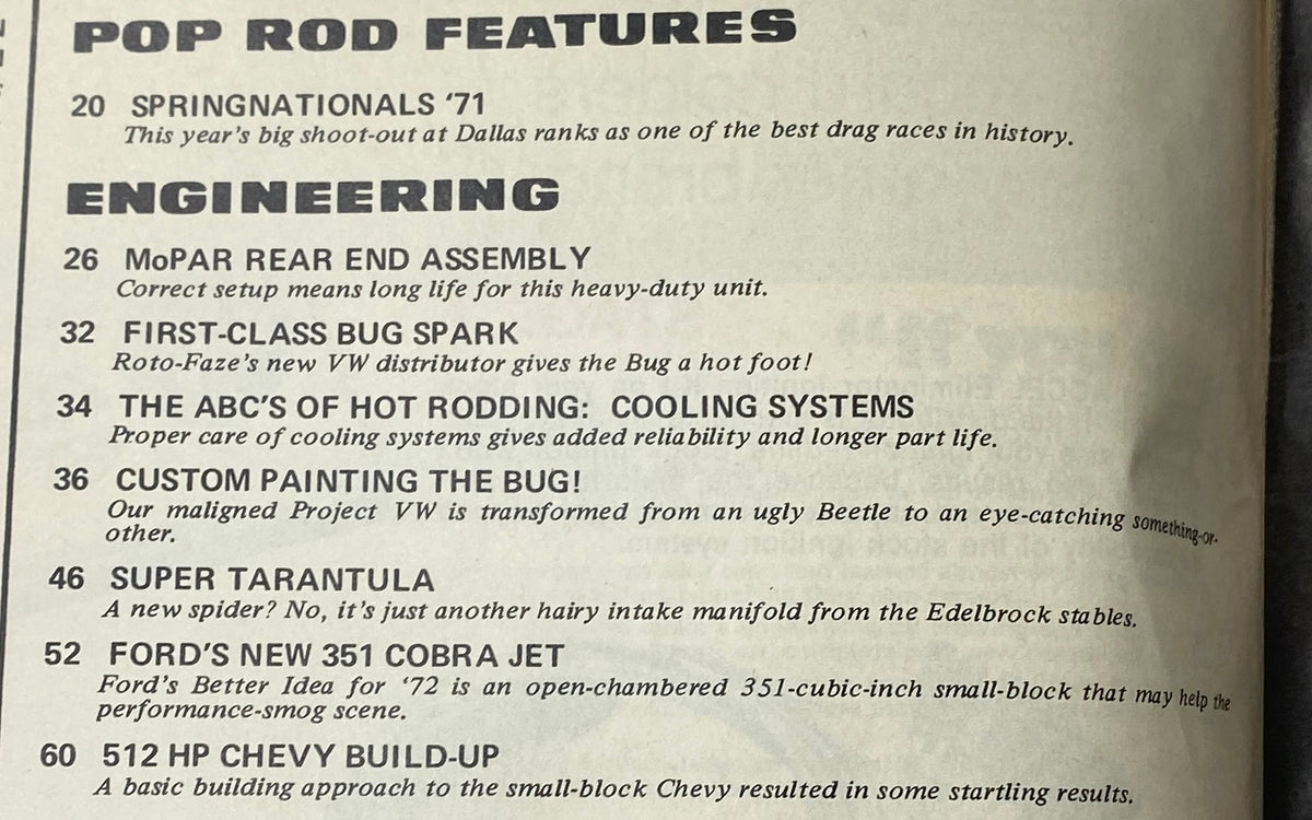 Features page from Popular Hot Rodding Magazine September 1971, outlining engineering topics such as MoPAR Rear End Assembly and race event highlights.