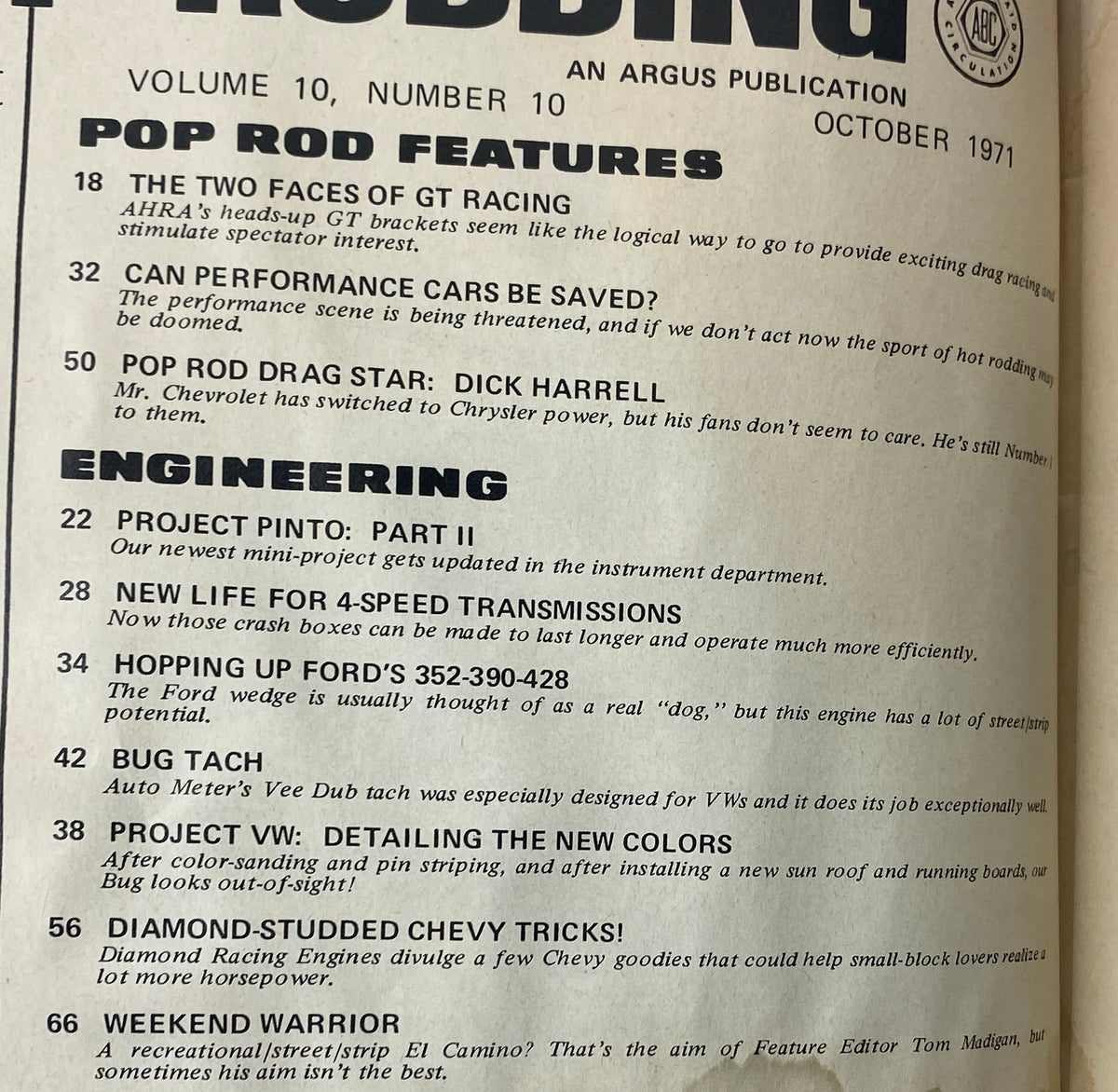 Contents page of the October 1971 Popular Hot Rodding Magazine, highlighting features including drag racing content on Dick Harrell and engineering insights on performance enhancements for Ford vehicles.