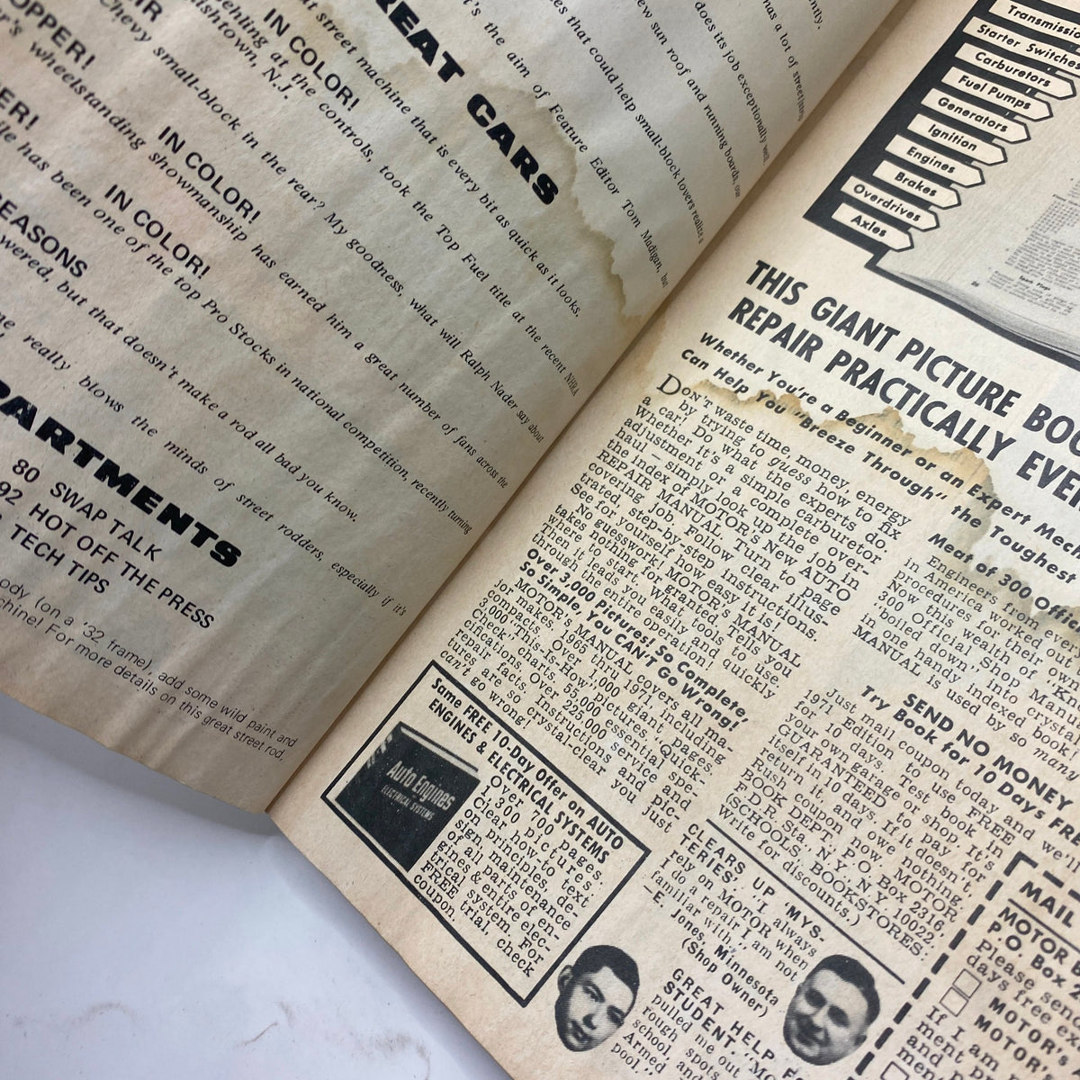 Interior page layout from Popular Hot Rodding Magazine, October 1971, featuring automotive articles and advertisements, showcasing the hot-rodding culture of the era.