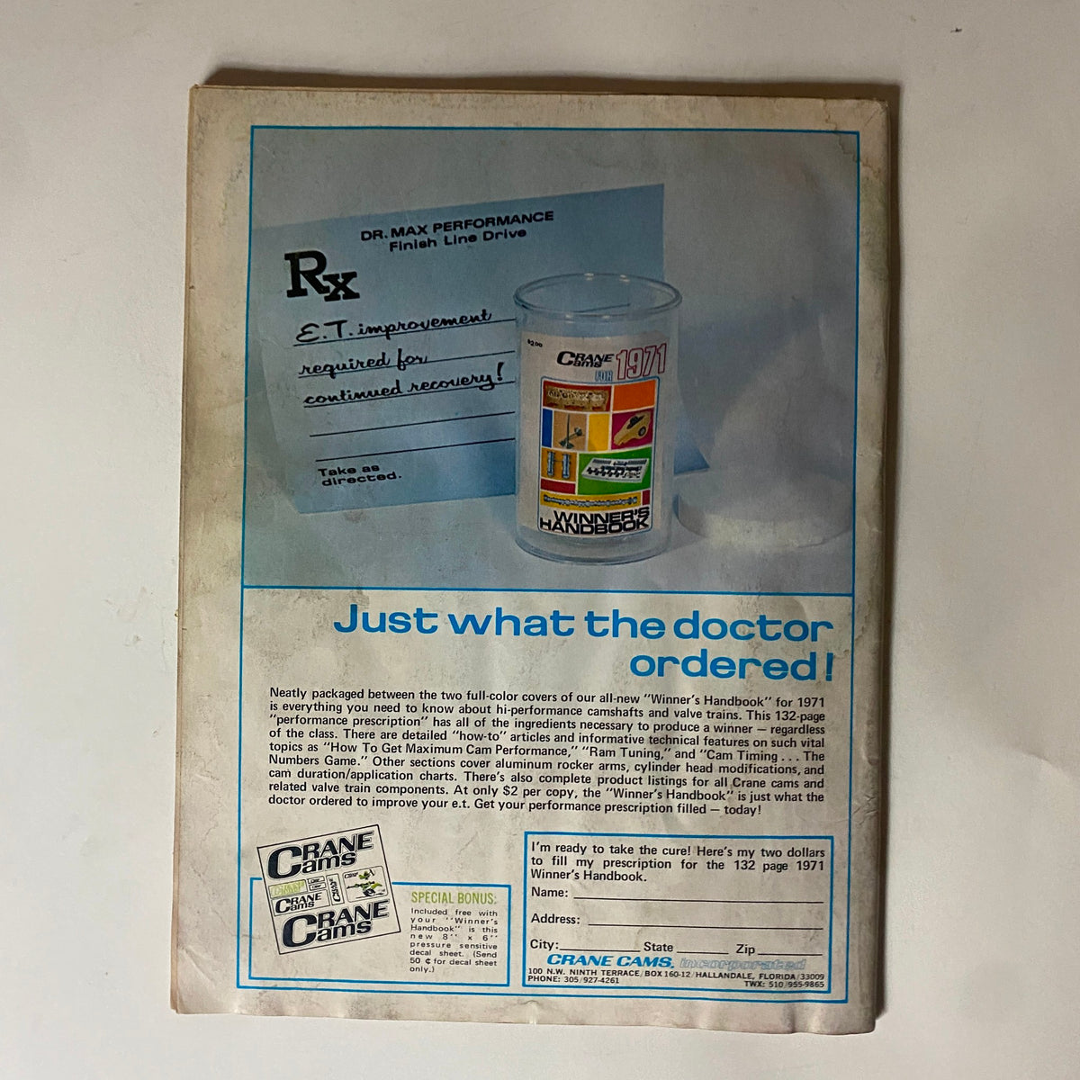Back cover of Popular Hot Rodding Magazine, October 1971, displaying an advertisement for Crane Cams products, emphasizing performance improvements for high-speed racing.
