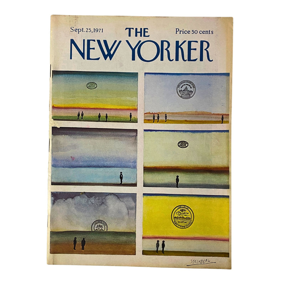 Cover of The New Yorker magazine from September 25, 1971 featuring artwork by Saul Steinberg. The cover illustrates various landscapes with silhouettes of people, embodying the magazine's unique artistic style and cultural commentary.