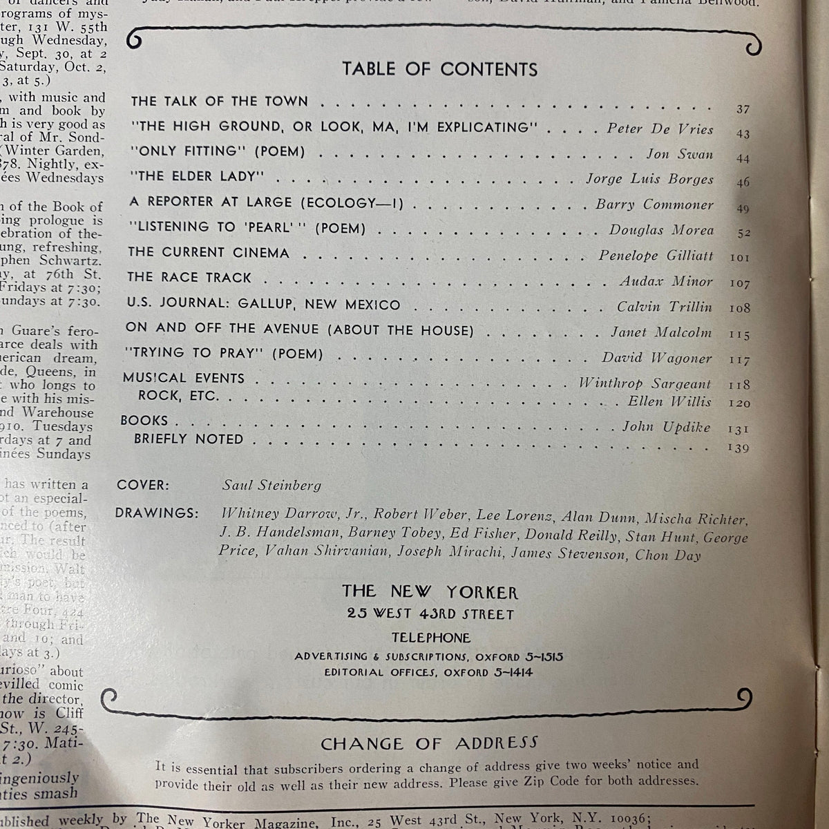 Interior view of vintage New Yorker magazine featuring the Table of Contents for the September 25, 1971 issue, showcasing articles by Jorge Luis Borges, Barry Commoner, and John Updike, with a cover by Saul Steinberg.