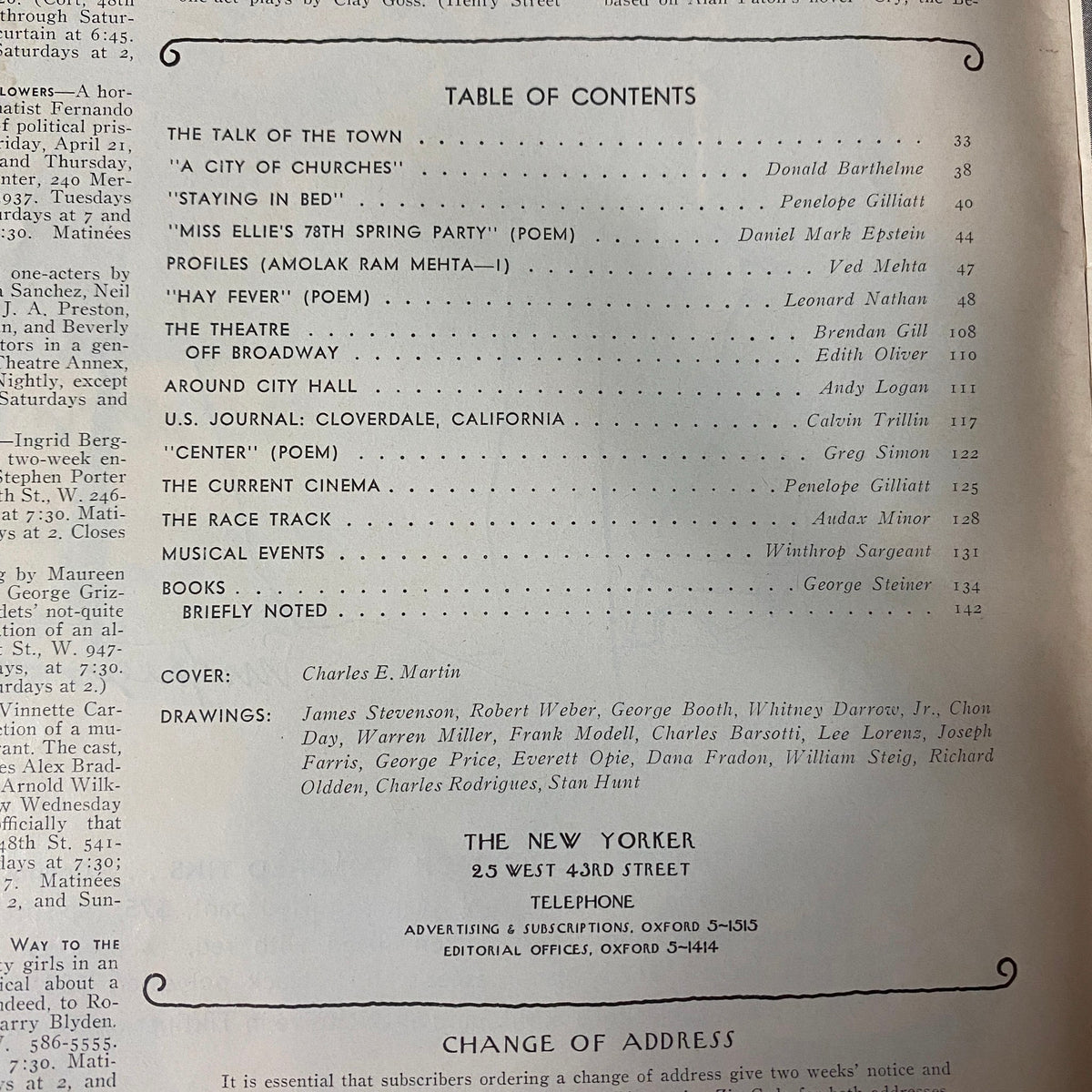 Table of contents from The New Yorker Full Magazine April 22, 1972, detailing articles and columns including 'A City of Churches' by Donald Barthelme and 'Staying in Bed' by Penelope Gilliatt.