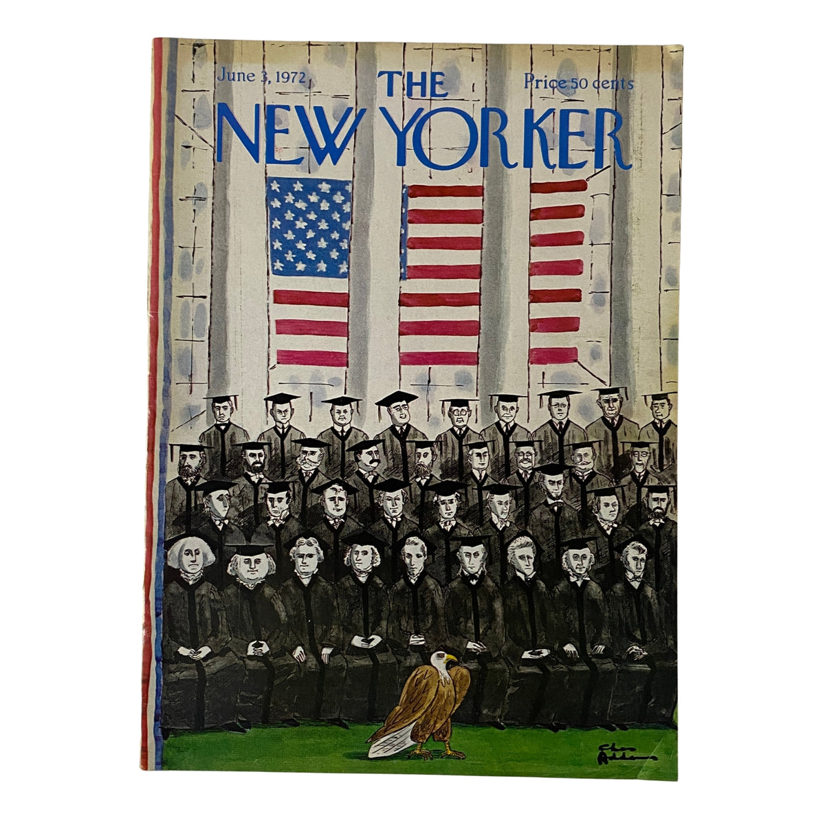 The New Yorker Full Magazine June 3, 1972 Charles Addams Cover featuring a whimsical illustration of graduates in black gowns with flags in the background.
