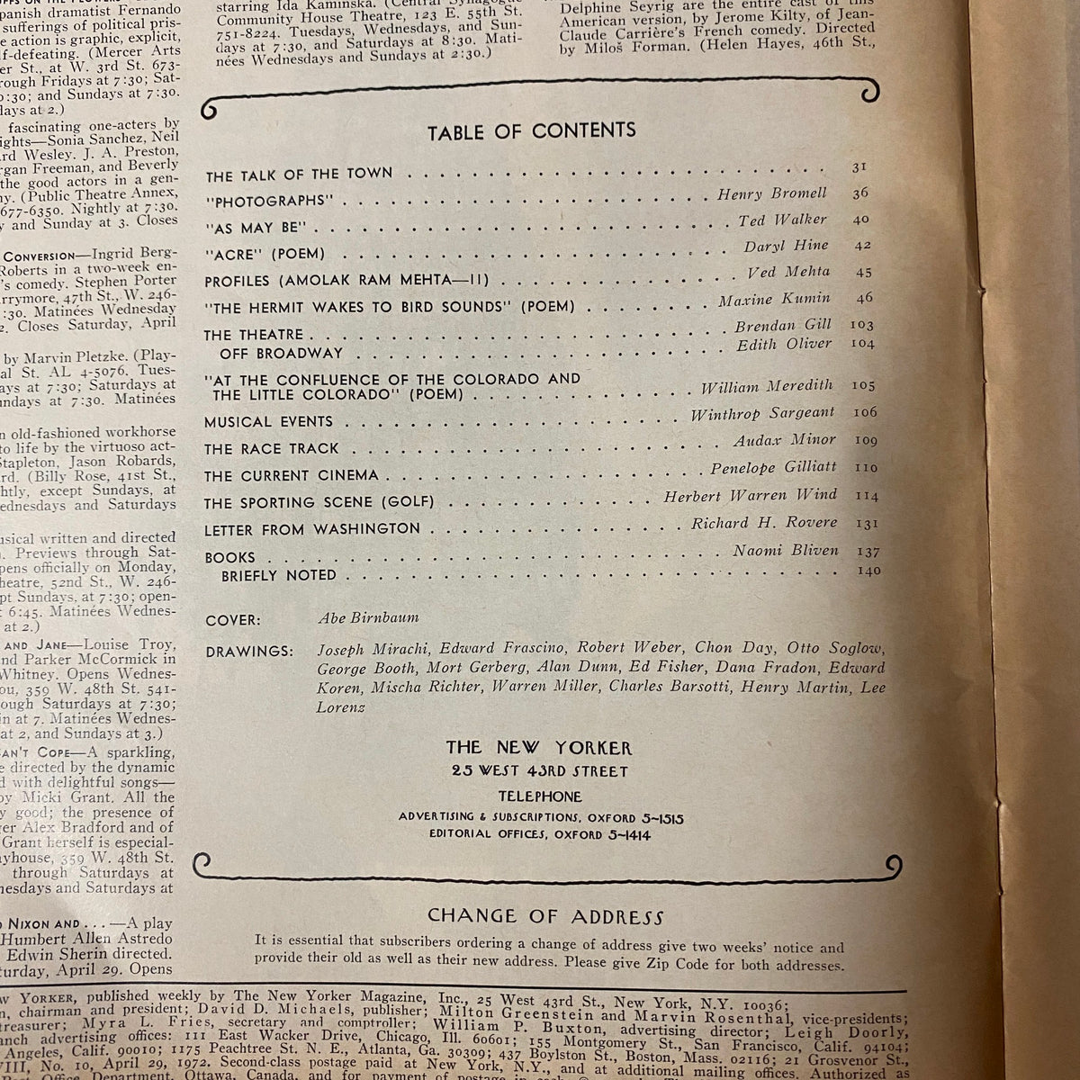 Table of contents from The New Yorker Full Magazine April 29, 1972 Abe Birnbaum Cover, featuring articles by Ved Mehta, Herbert Warren Wind, and Naomi Bliven.