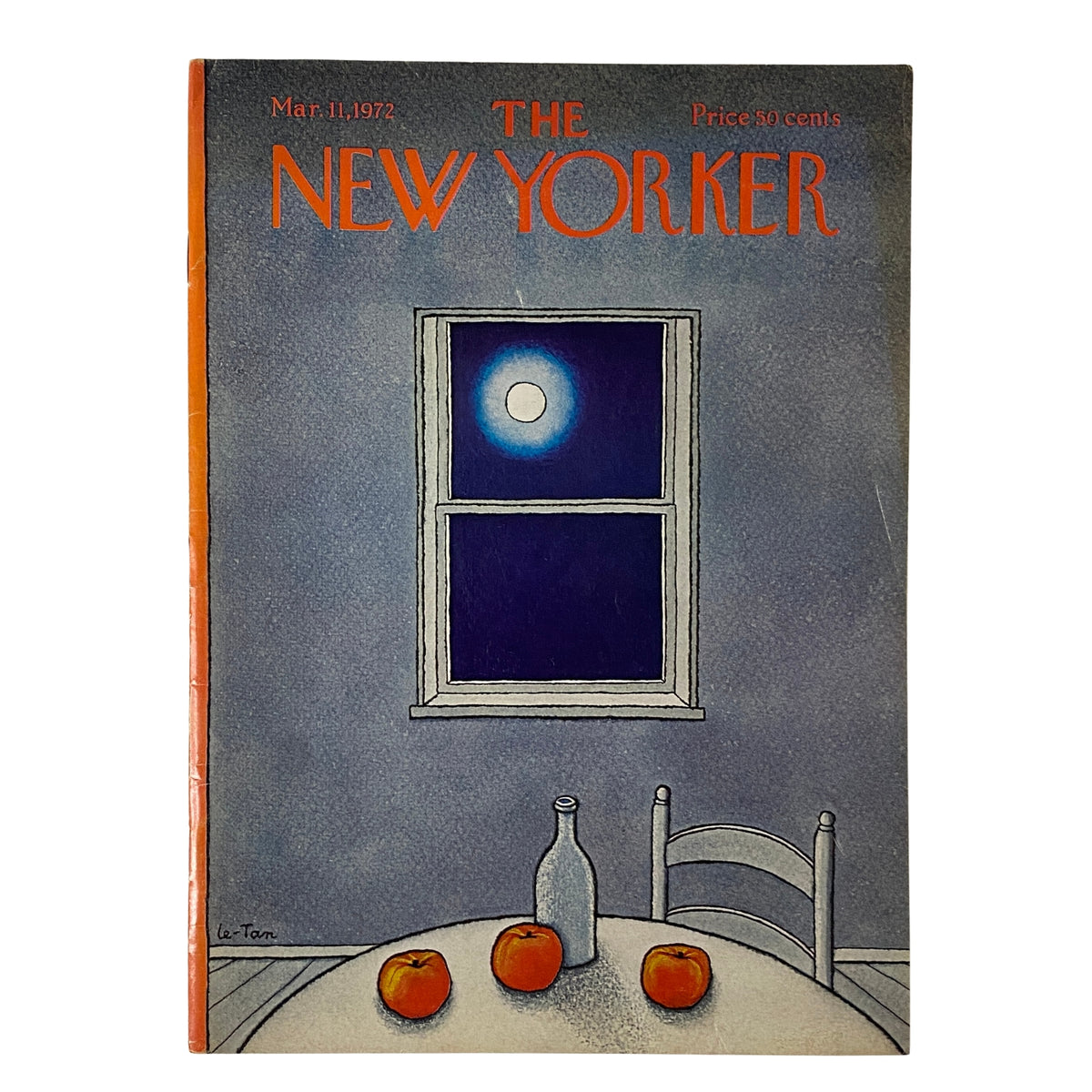 Cover of The New Yorker Full Magazine March 11, 1972 featuring an illustration by Pierre Le-Tan, depicting a still life with oranges and a window under moonlight.