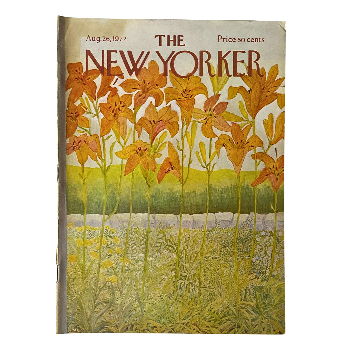 The New Yorker Full Magazine August 26, 1972 Ilonka Karasz Cover featuring vibrant orange lilies against a green background, showcasing the artistic style of Ilonka Karasz.