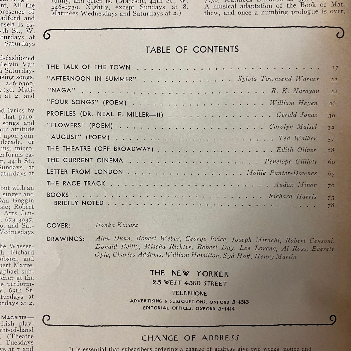 Table of Contents page from The New Yorker Full Magazine August 26, 1972, detailing featured articles, poems, and contributors including Sylvia Townsend Warner and R. K. Narayan.