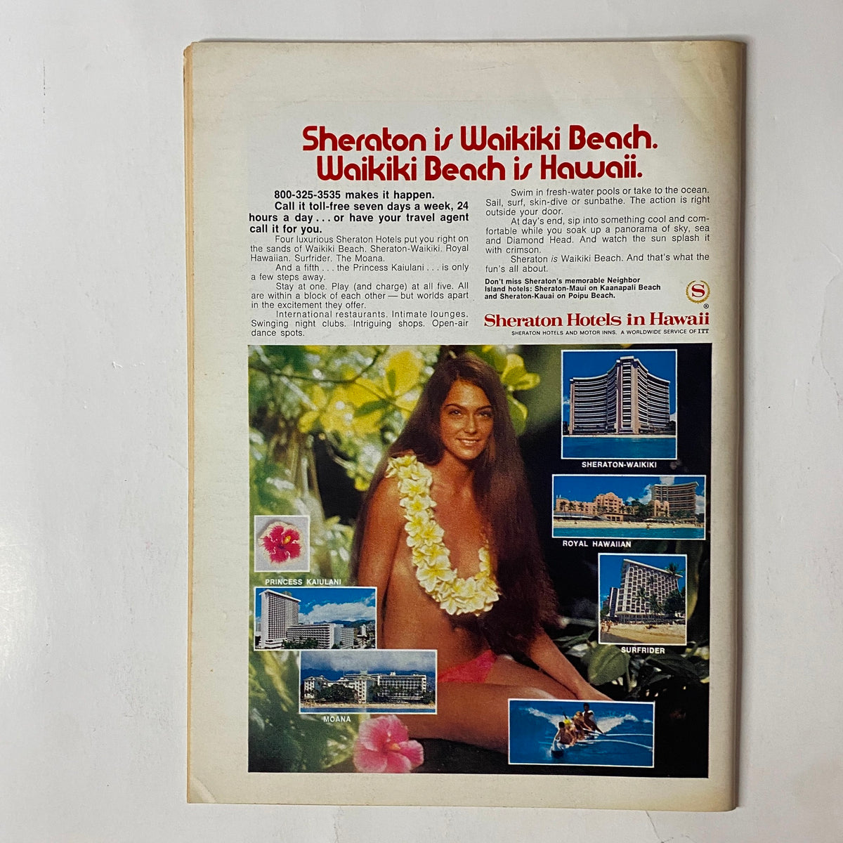 Advertisement page from The New Yorker Full Magazine August 26, 1972, promoting Sheraton Hotels in Waikiki Beach, Hawaii, featuring a woman in a tropical setting.