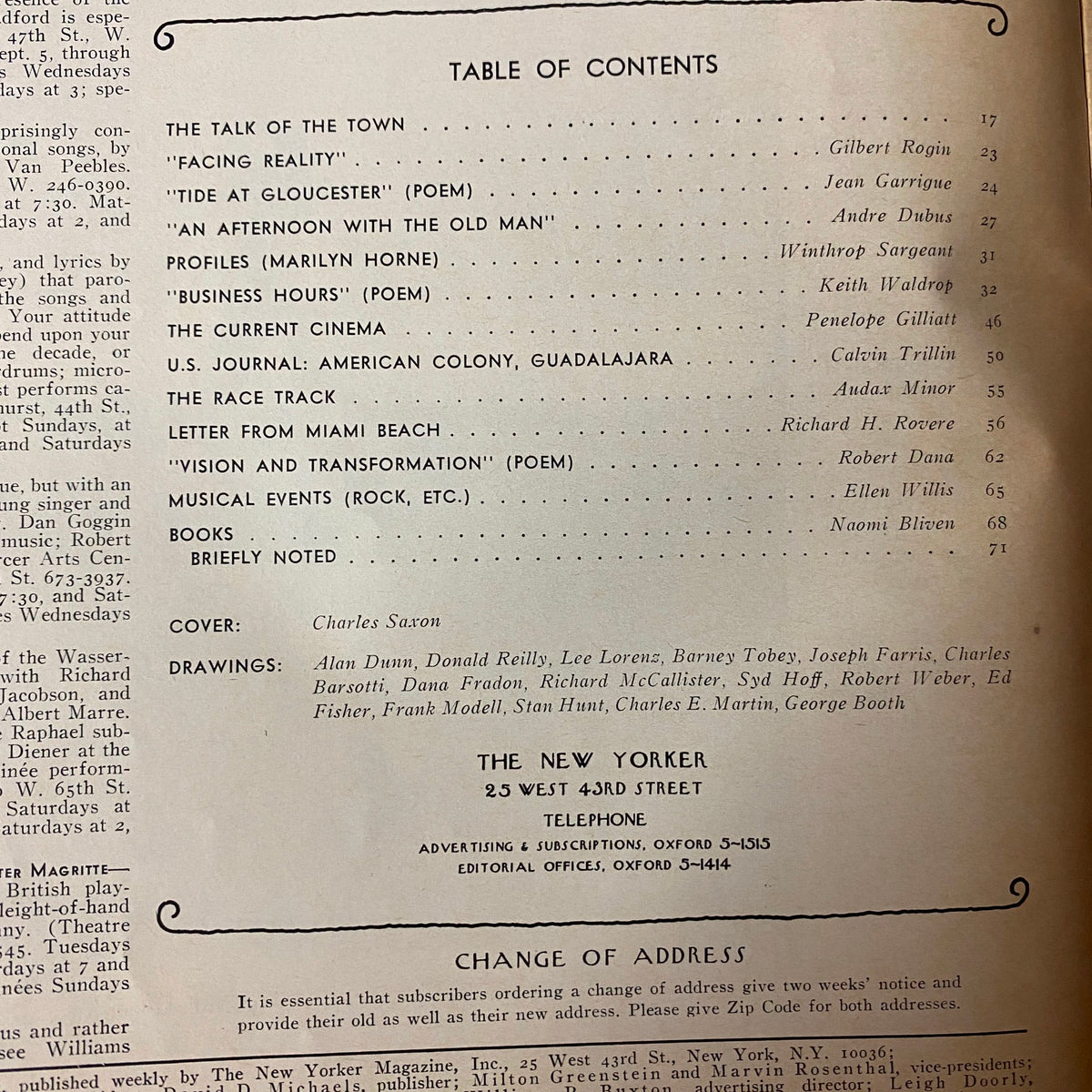 Table of contents page from The New Yorker magazine dated September 2, 1972, listing articles and contributors, including Gilbert Rogin, Andre Dubus, and Calvin Trillin.