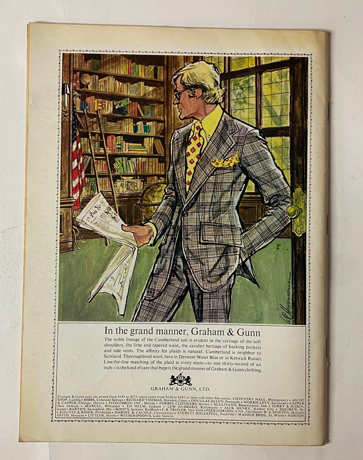 The New Yorker Full Magazine September 2, 1972 Charles Saxon Cover depicting a stylishly dressed man in a checkered suit, holding papers in a library setting, alongside the tagline 'In the grand manner, Graham & Gunn'.