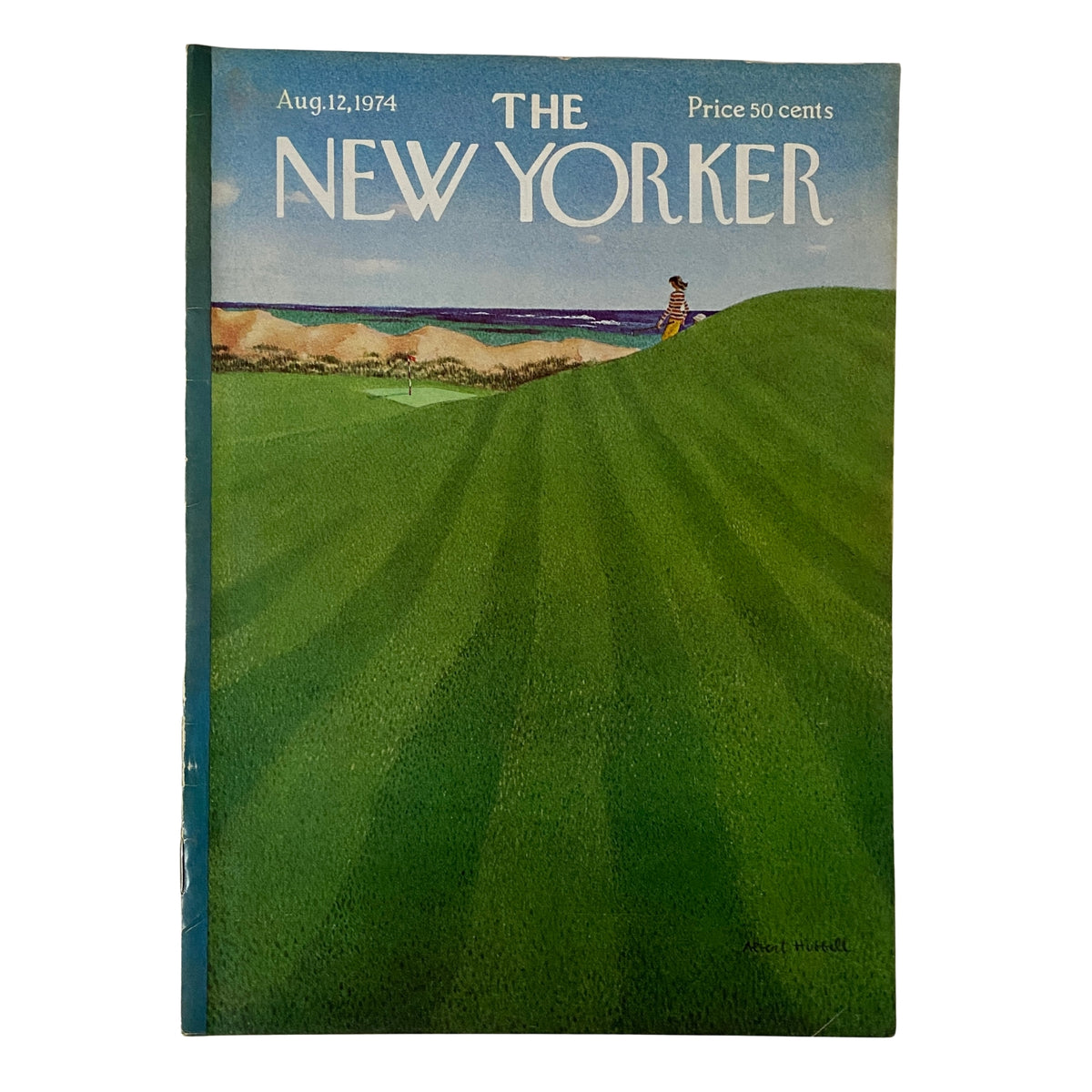 The New Yorker Full Magazine August 12, 1974 cover illustration by Albert Hubbell featuring vibrant green fields and a serene landscape.