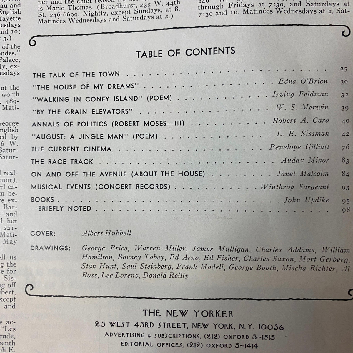 Table of Contents from The New Yorker August 12, 1974 issue, detailing featured works including Edna O'Brien and John Updike.