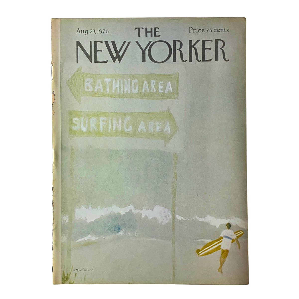 The New Yorker Full Magazine, August 23, 1976, featuring a cover illustration by James Stevenson showing a beach scene with surfboards and directional signs for bathing and surfing areas.