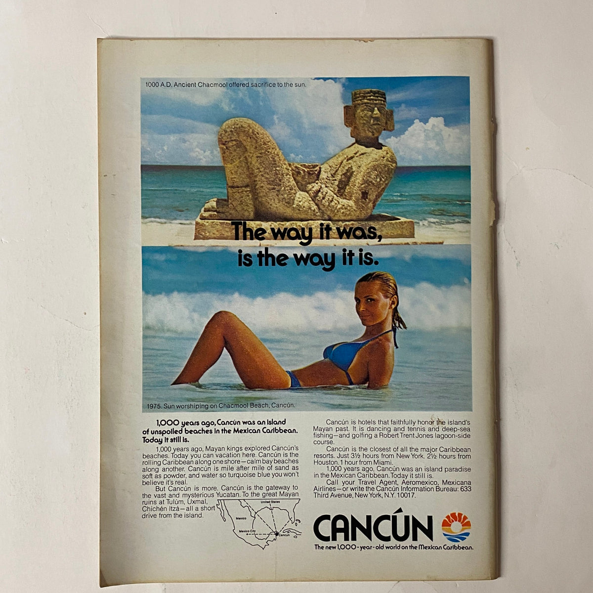 Vintage advertisement for Cancun, showcasing a beautiful beach scene with a bikini model and ancient sculpture, emphasizing the allure of travel to Mexico’s Caribbean.
