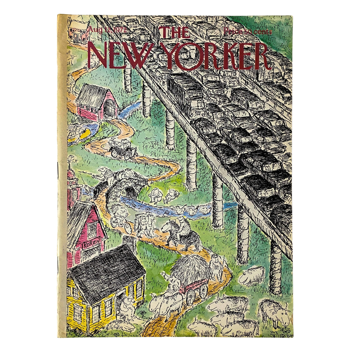 Cover of The New Yorker Full Magazine August 12, 1972 featuring a humorous illustration by Edward Koren, depicting a vibrant scene with animals and buildings in a whimsical landscape.