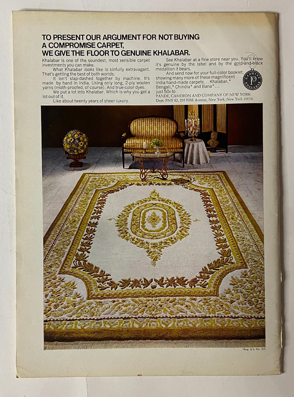 Advertisement from The New Yorker Full Magazine August 12, 1972 presenting genuine Khalabar carpets, showcasing a luxurious carpet design in an elegant setting.
