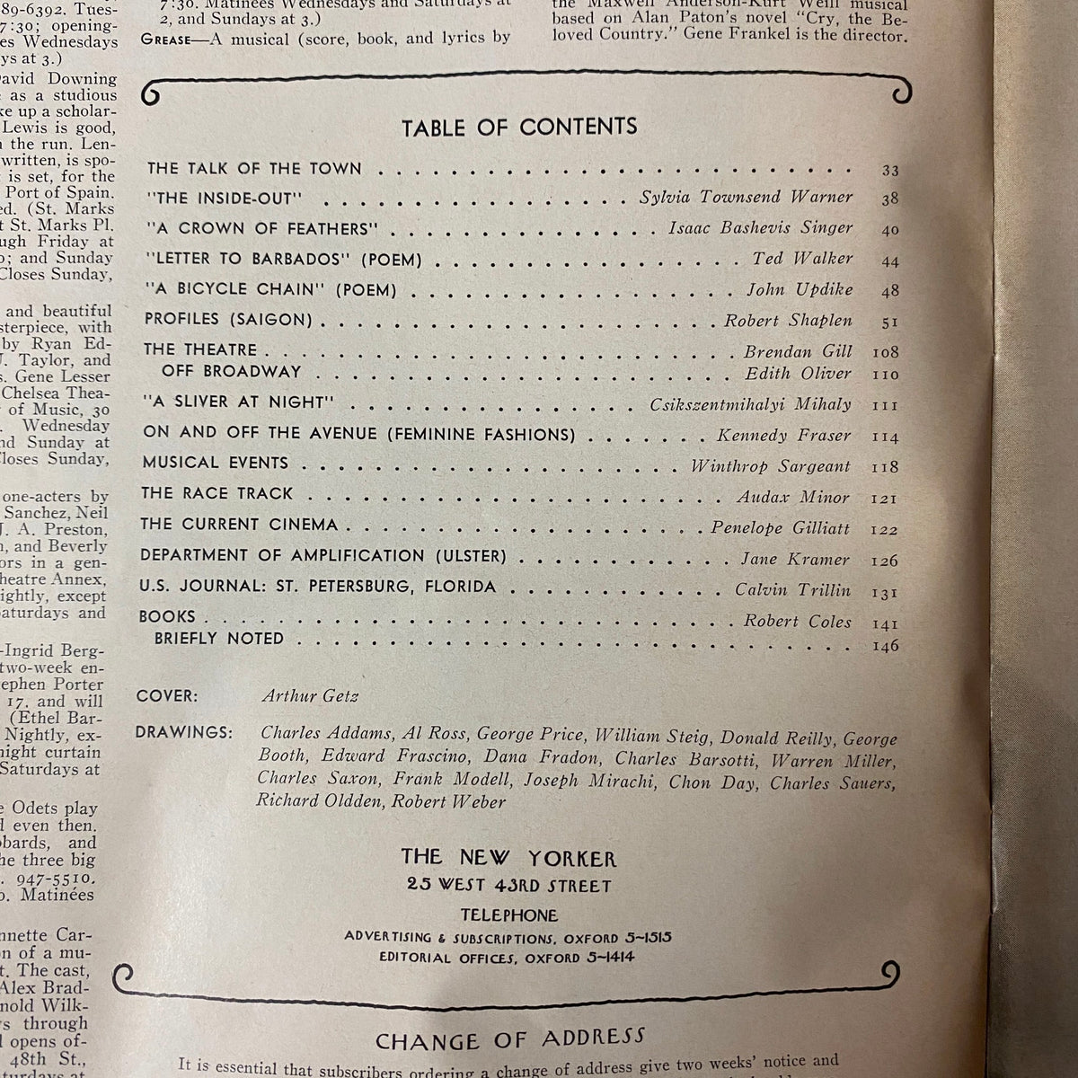Table of contents from The New Yorker magazine April 15, 1972, listing articles by notable authors such as Isaac Bashevis Singer and Sylvia Townsend Warner, along with cover illustrator Arthur Getz's name.