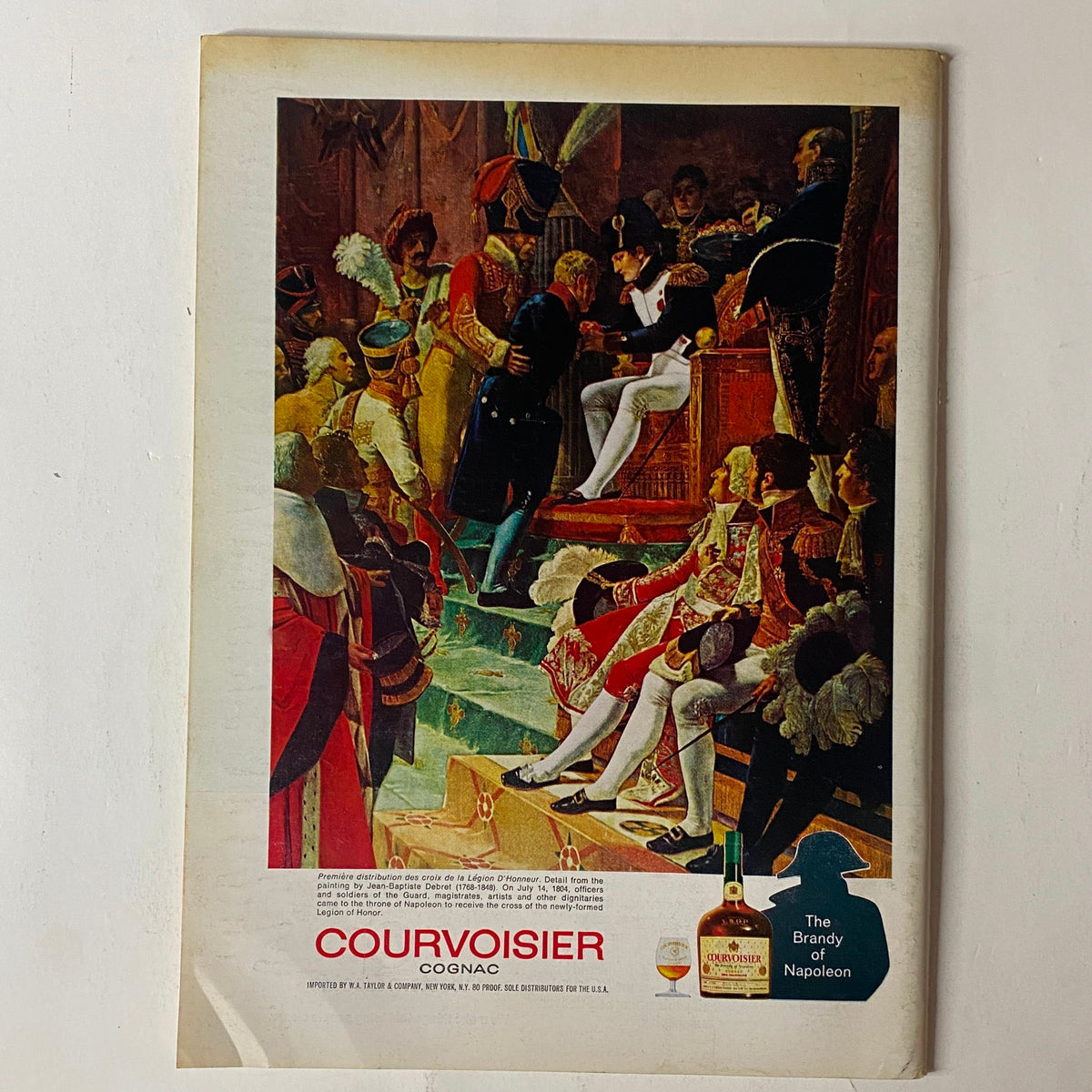 Vintage advertisement for Courvoisier Cognac featuring an ornate painting, titled 'The Brandy Napoleon', depicting an elegant gathering of historical figures, from the April 15, 1972 issue of The New Yorker magazine, showcasing Arthur Getz's artistic style.