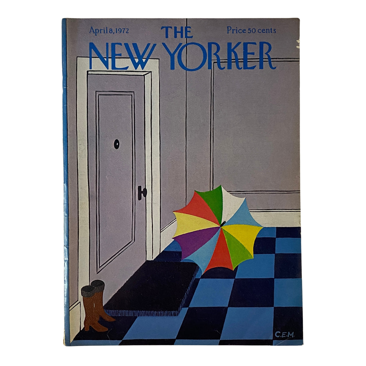 Cover of The New Yorker Full Magazine April 8, 1972 featuring a minimalist illustration by Charles E. Martin showcasing a colorful umbrella in a stylish interior.