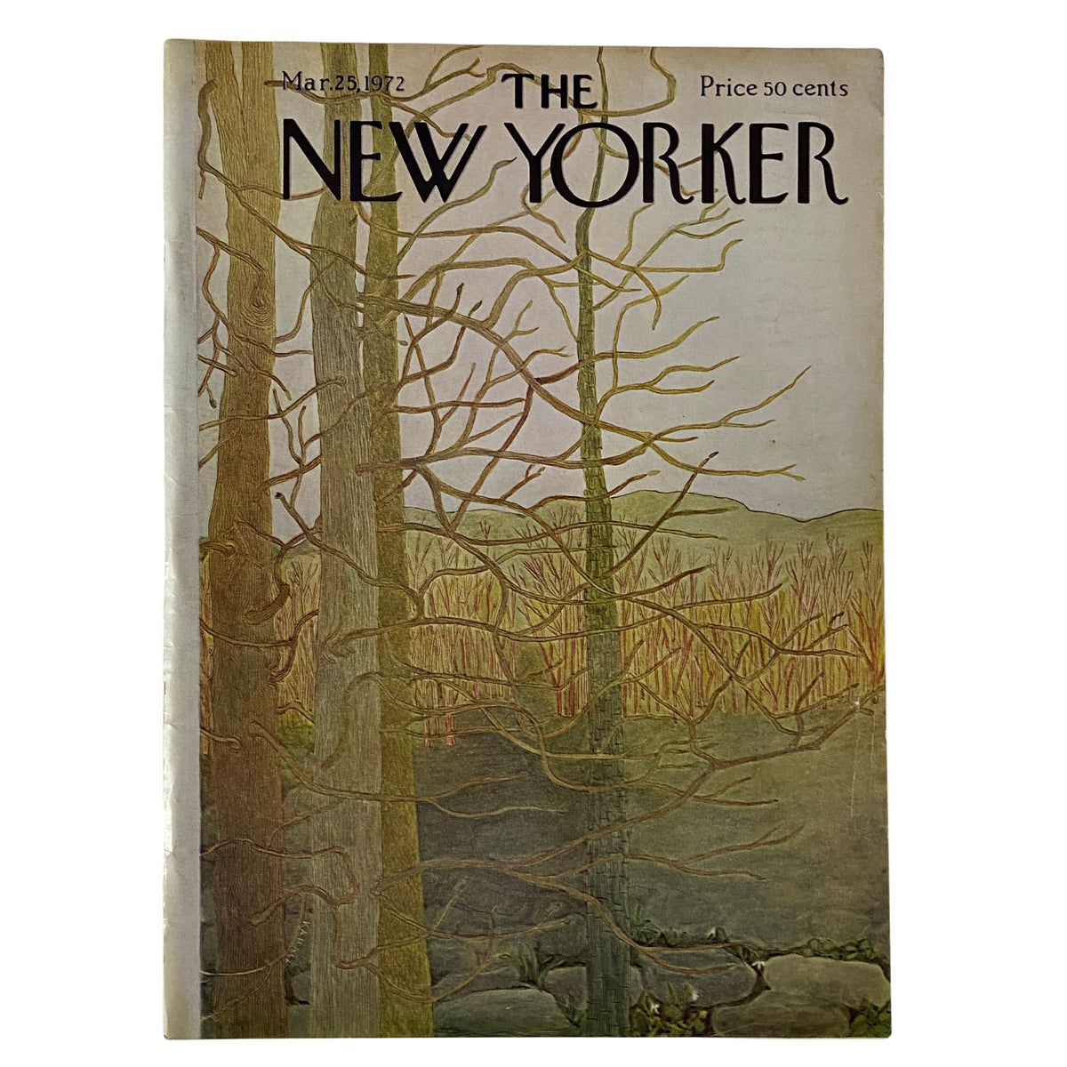 Cover of The New Yorker magazine dated March 25, 1972, featuring an illustration by Ilonka Karasz, showcasing a serene landscape with bare trees and muted tones.