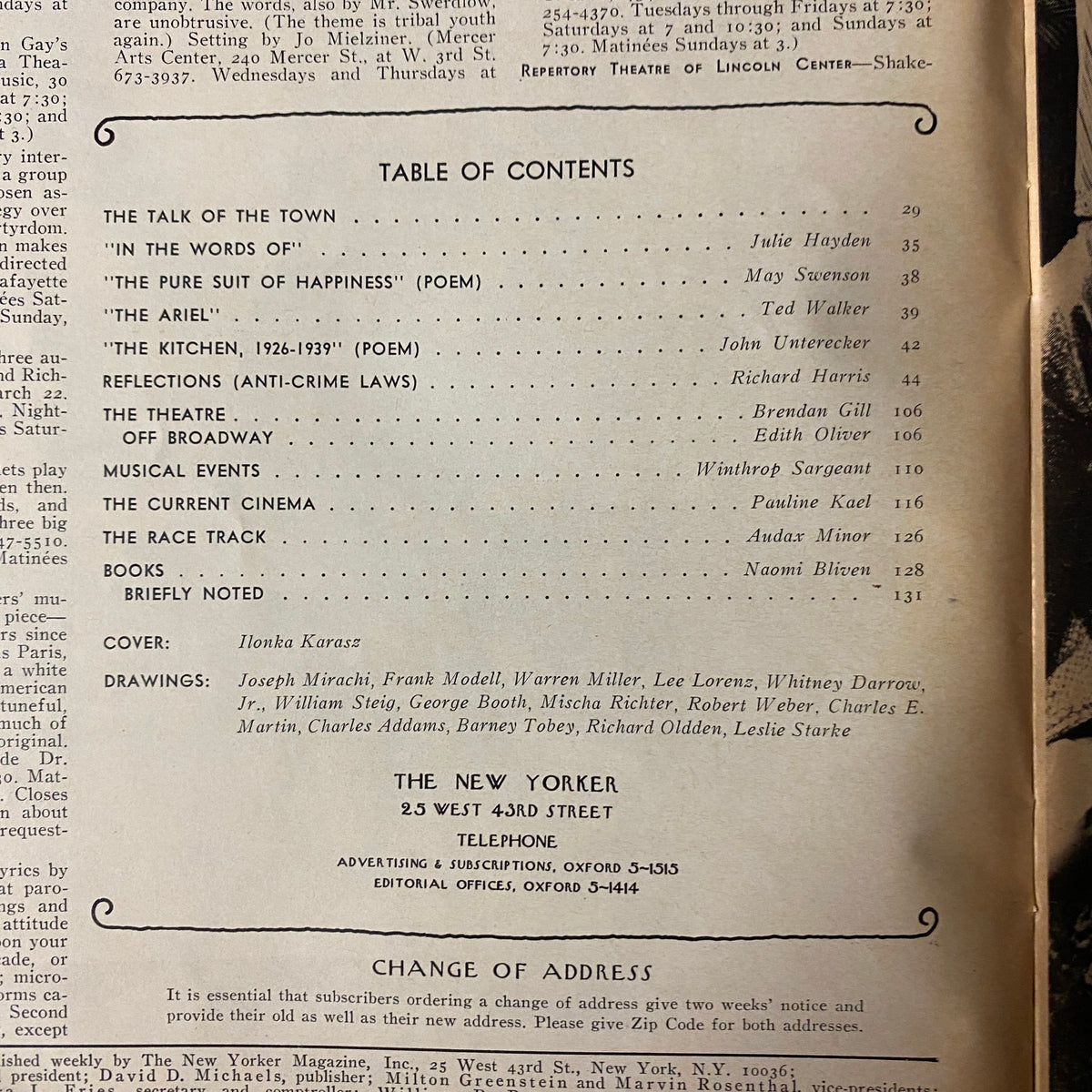 Table of contents from The New Yorker full magazine March 25, 1972, featuring articles by Julie Hayden, May Swenson, and Richard Harris, along with a cover illustration by Ilonka Karasz.